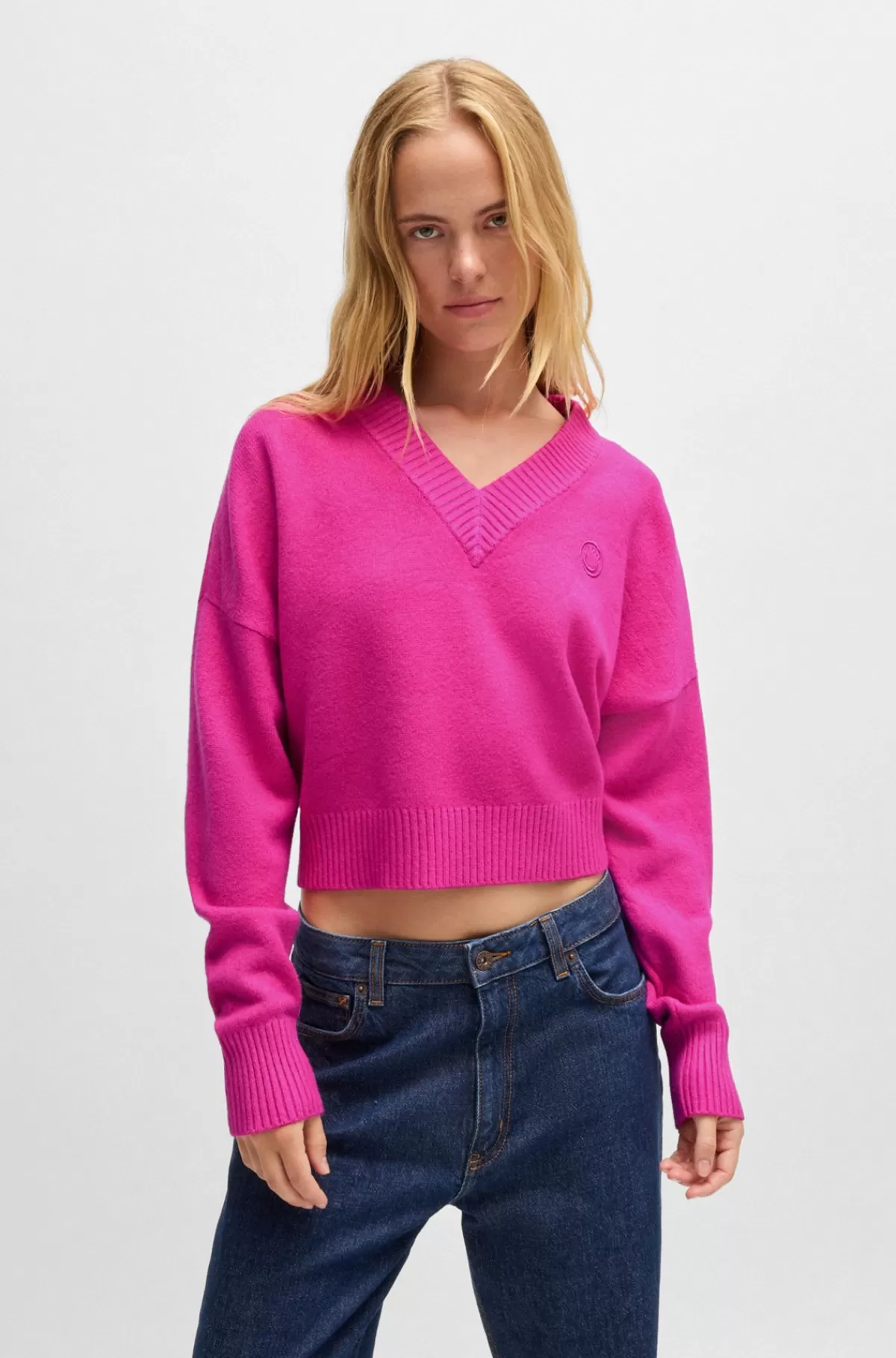 HUGO BOSS Afkortet Sweater Med Relaxed Fit Og Happy HUGO Logo Pink Outlet