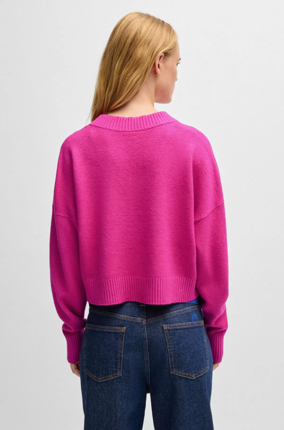 HUGO BOSS Afkortet Sweater Med Relaxed Fit Og Happy HUGO Logo Pink Outlet