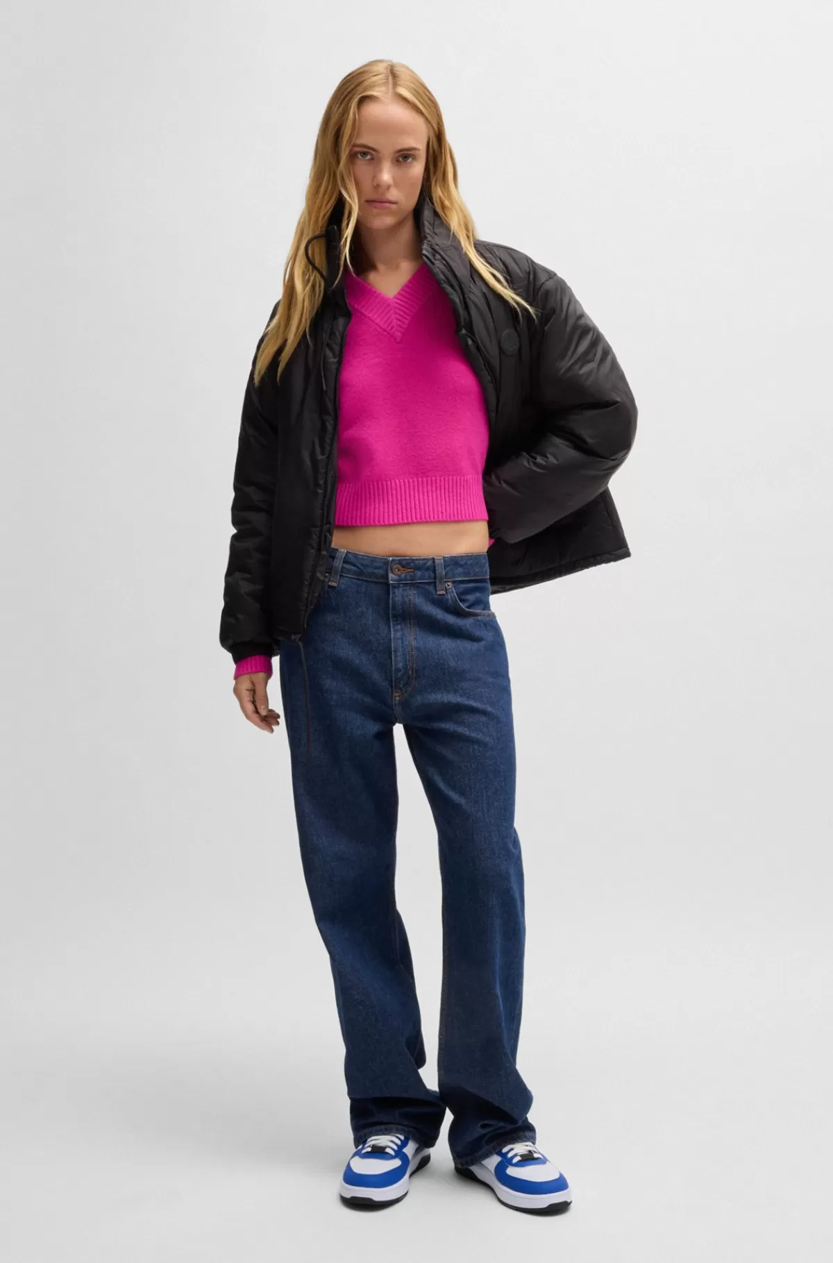 HUGO BOSS Afkortet Sweater Med Relaxed Fit Og Happy HUGO Logo Pink Outlet