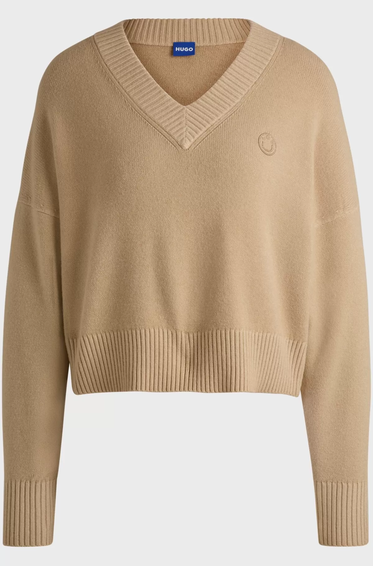 HUGO BOSS Afkortet Sweater Med Relaxed Fit Og Happy HUGO Logo Lys beige Store