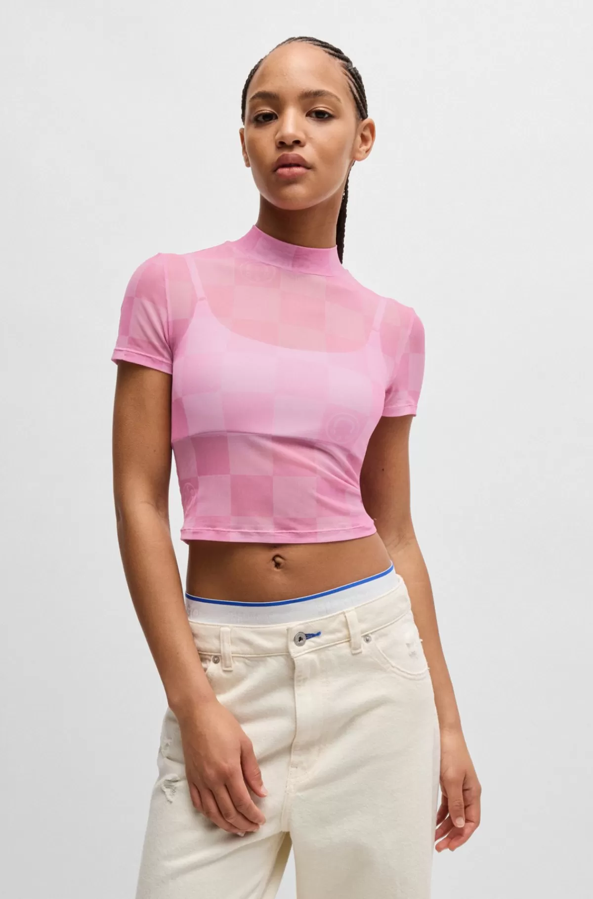 HUGO BOSS Afkortet Top I Printet Mesh Med Stræk Lys pink Clearance
