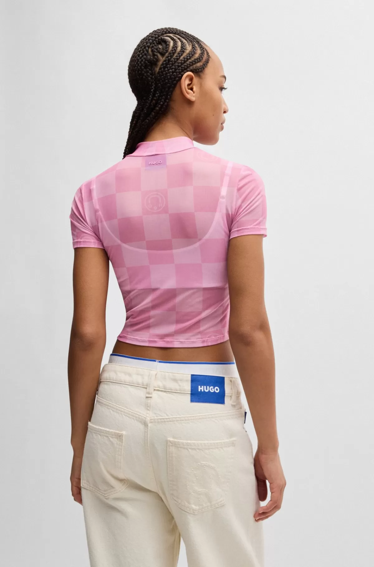 HUGO BOSS Afkortet Top I Printet Mesh Med Stræk Lys pink Clearance