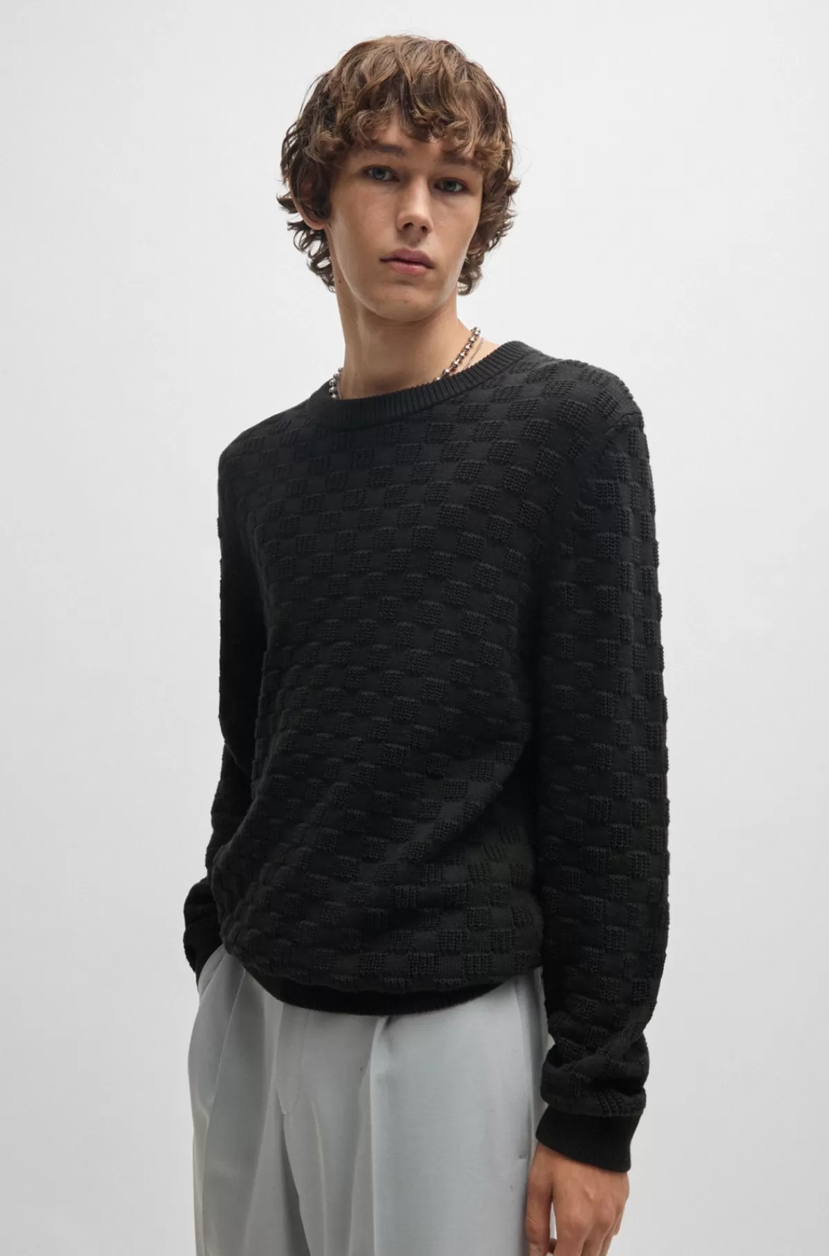 HUGO BOSS Afslappet Bomuldssweater Med Jacquardmønster Sort Outlet