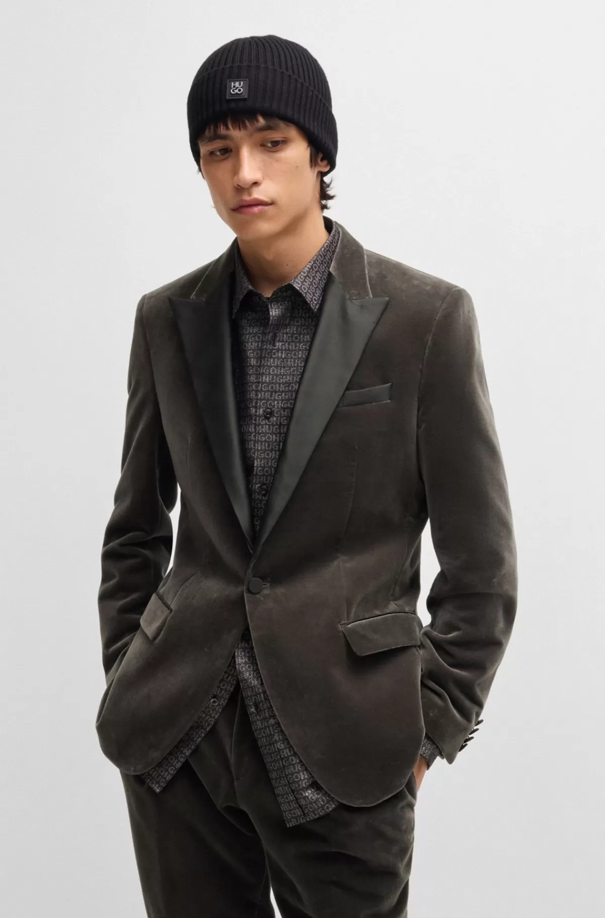 HUGO BOSS Aftenjakke Med Slim Fit I Bomuldsfløjl Og Med Performance-stræk Grå Clearance