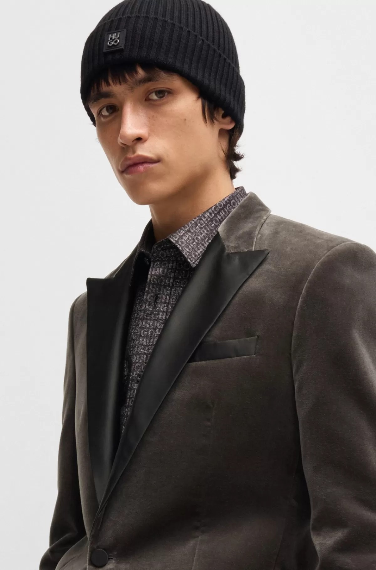 HUGO BOSS Aftenjakke Med Slim Fit I Bomuldsfløjl Og Med Performance-stræk Grå Clearance