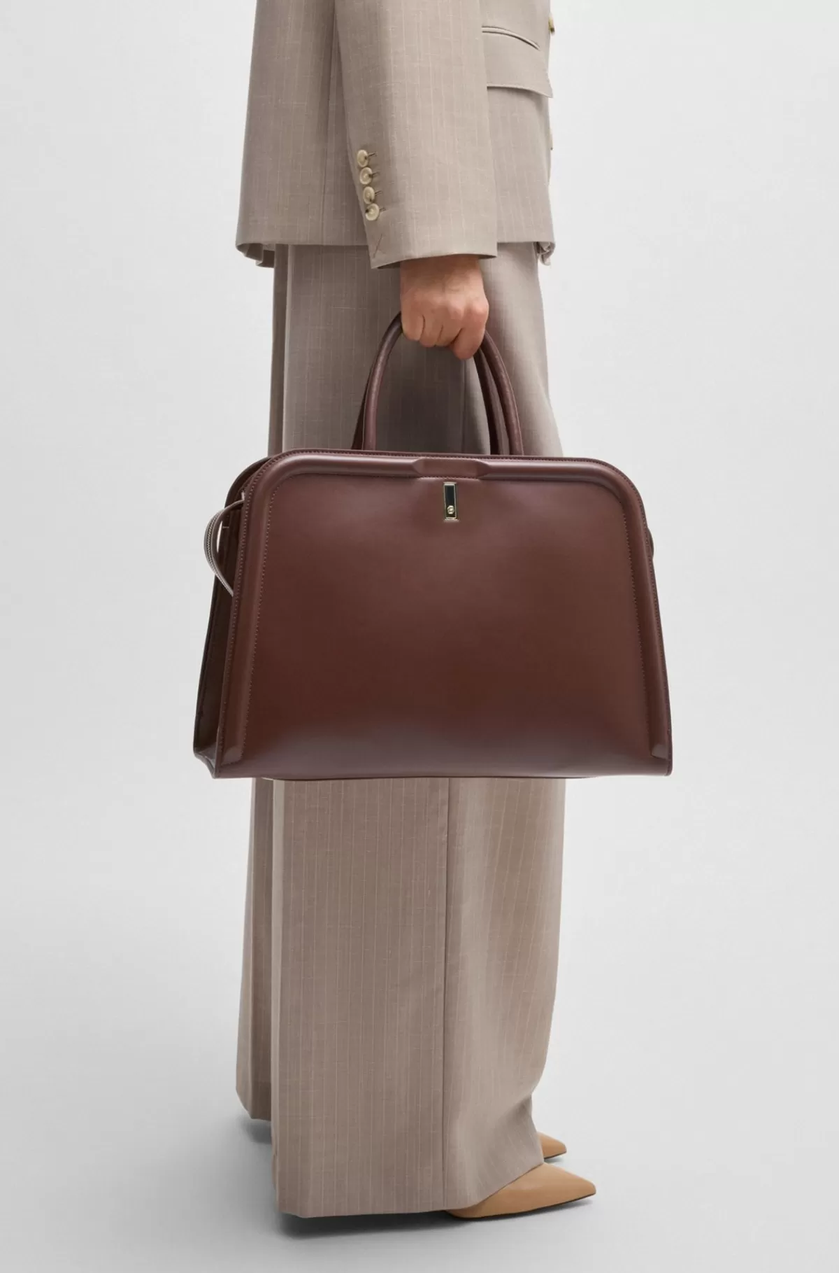 HUGO BOSS Ariell Tote Bag I Læder Med Udtagelig Pouch Mørkebrun New