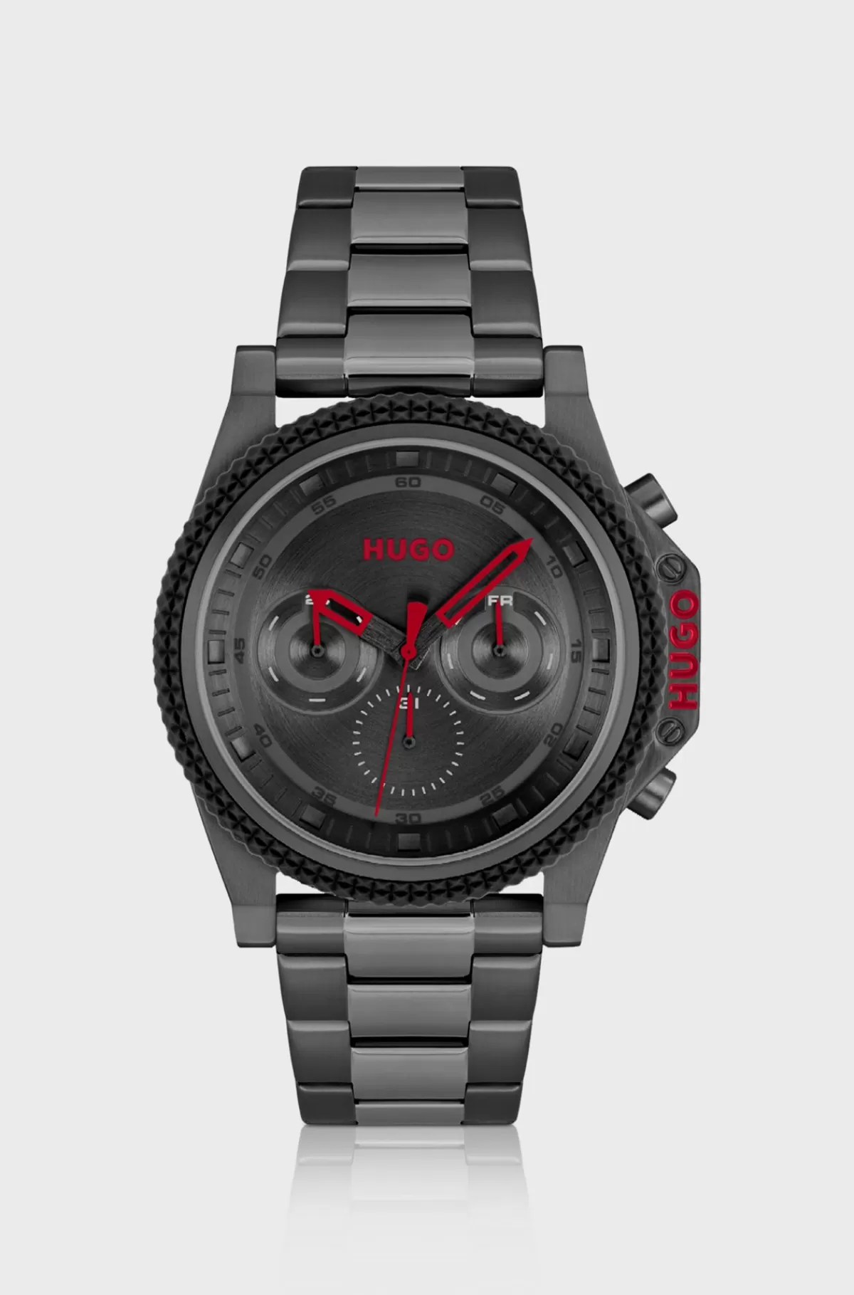 HUGO BOSS Armbåndsur Med Kæderem, Sort Urskive Og Urkrans Af Silikone Grå Fashion