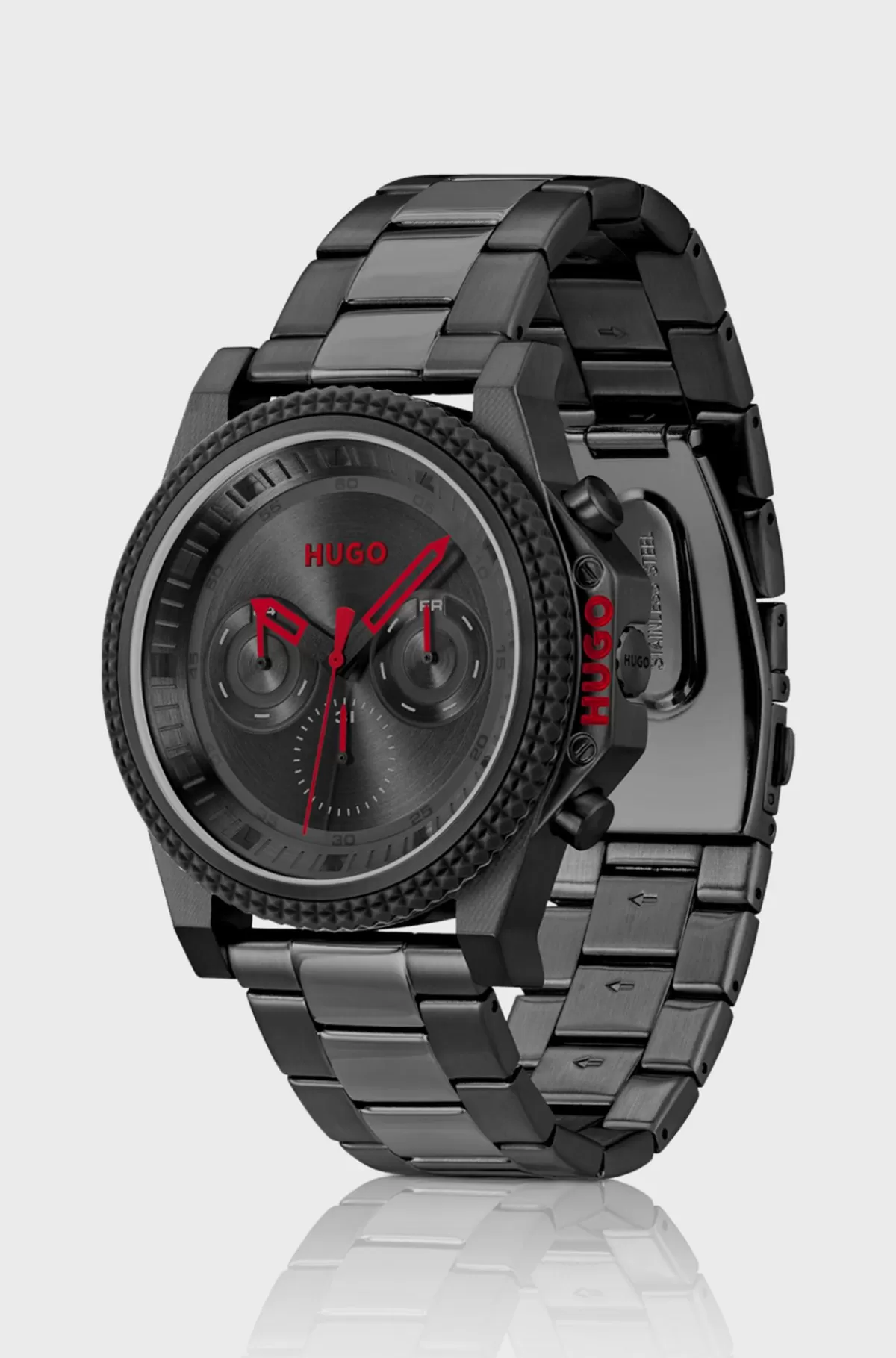 HUGO BOSS Armbåndsur Med Kæderem, Sort Urskive Og Urkrans Af Silikone Grå Fashion