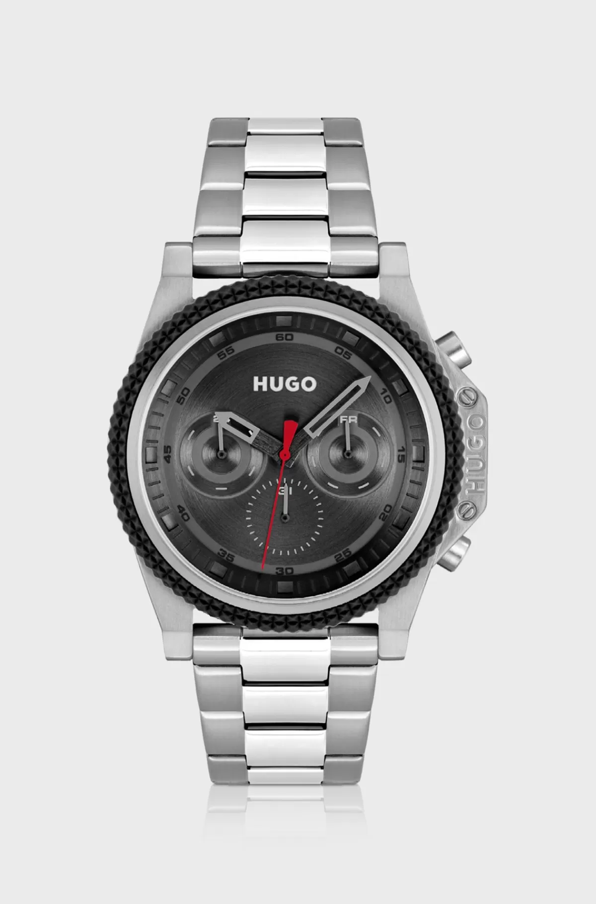 HUGO BOSS Armbåndsur Med Kæderem, Urkrans I Silikone Og Sort Urskive Sølv Store