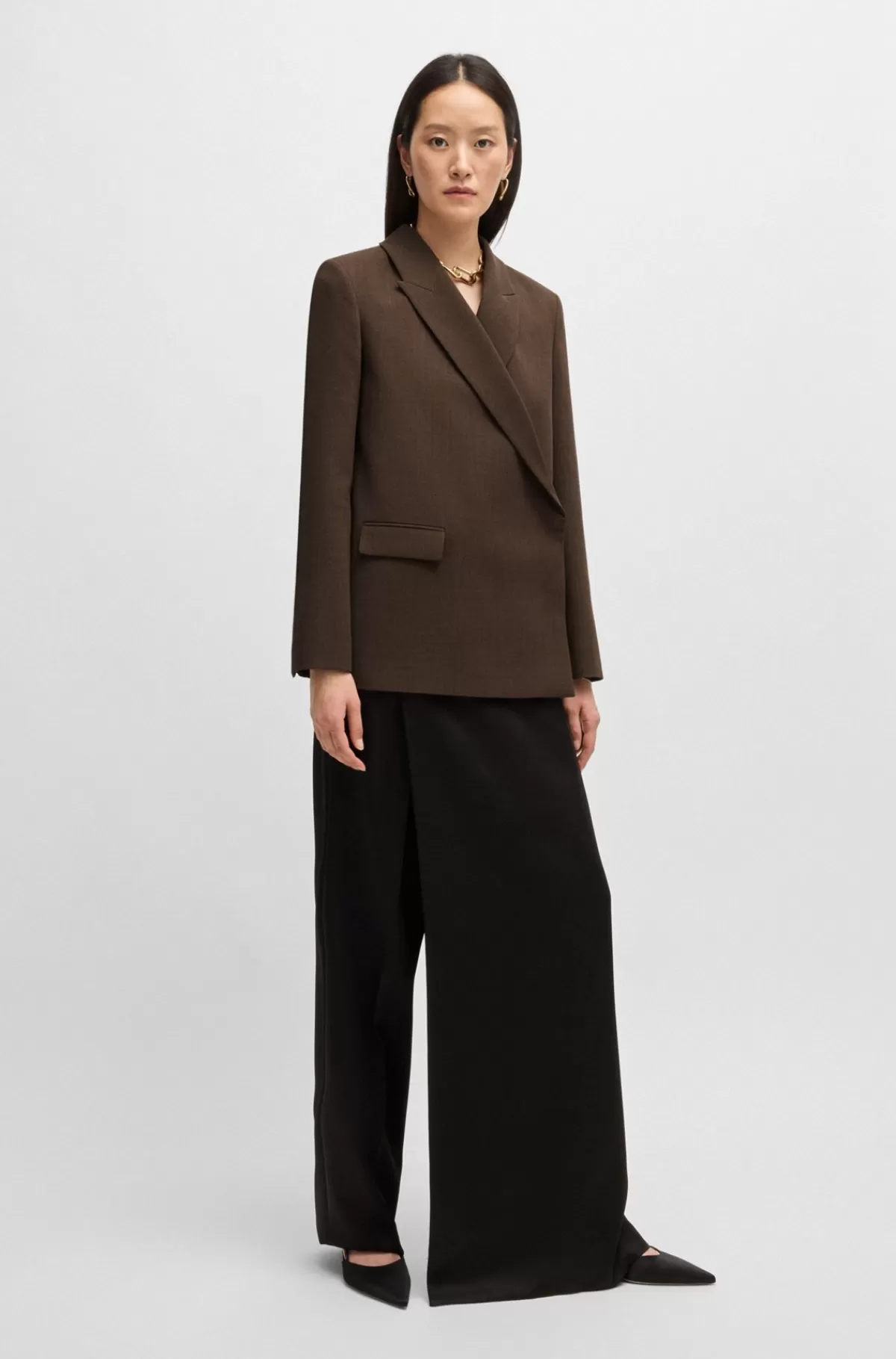 HUGO BOSS Blazer Med Slå Om-design Foran I Meleret Crepe Af Ny Uld Brun Best