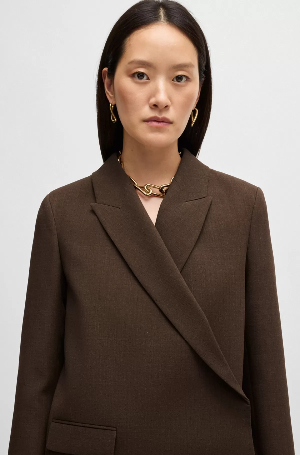 HUGO BOSS Blazer Med Slå Om-design Foran I Meleret Crepe Af Ny Uld Brun Best