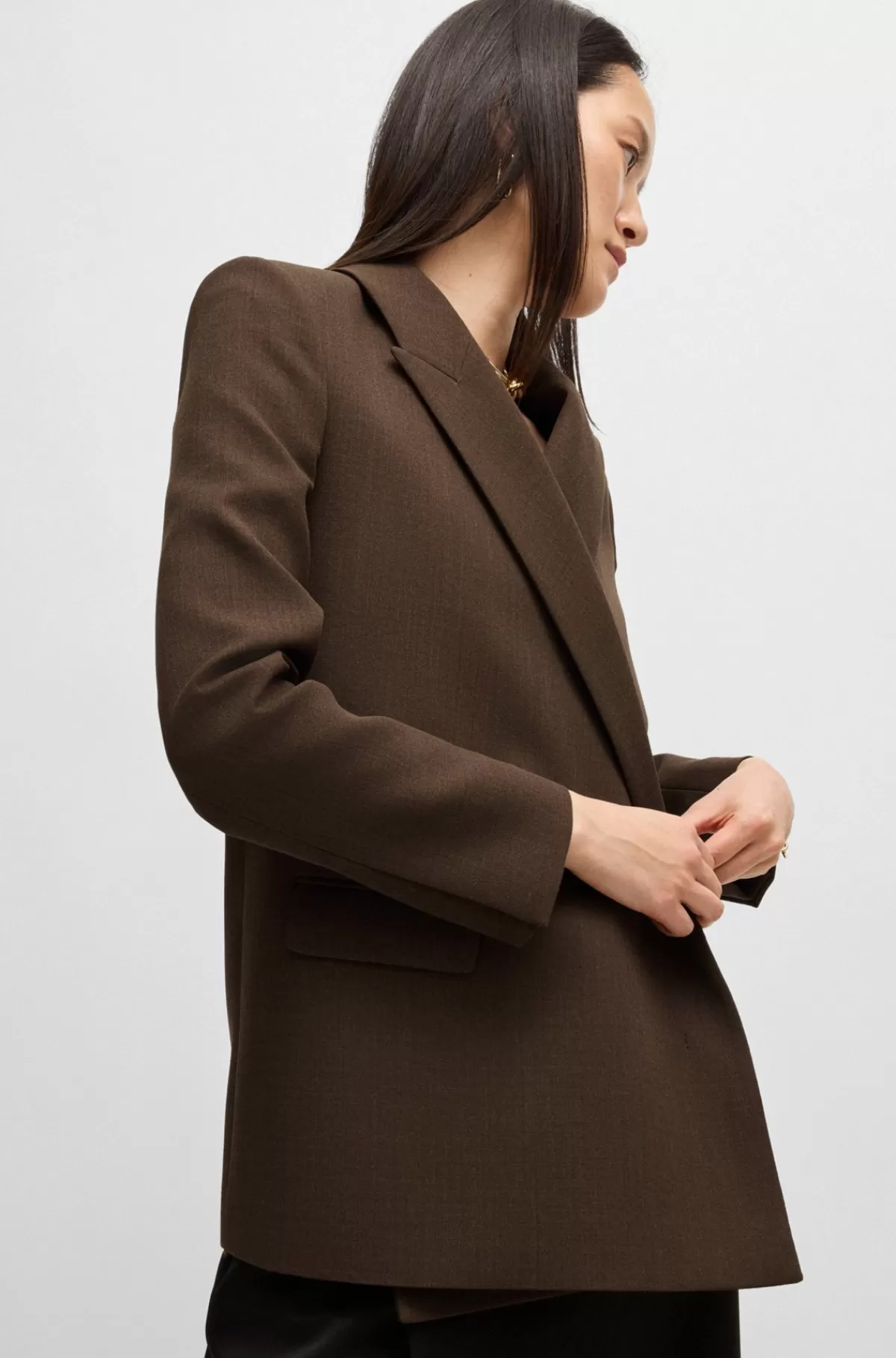 HUGO BOSS Blazer Med Slå Om-design Foran I Meleret Crepe Af Ny Uld Brun Best