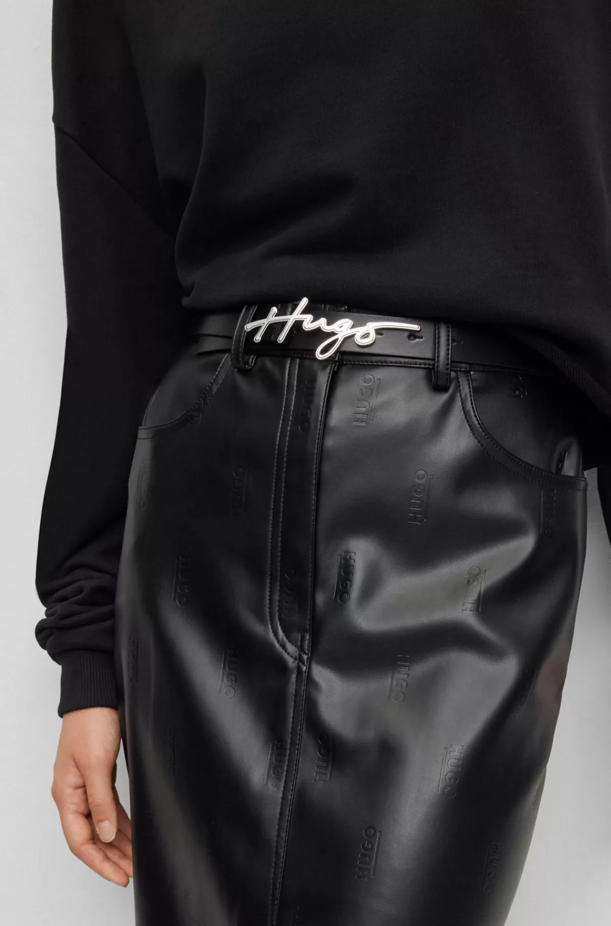 HUGO BOSS Bælte I Italiensk Læder Med Spænde Med Håndskrevet Logo Sort Flash Sale