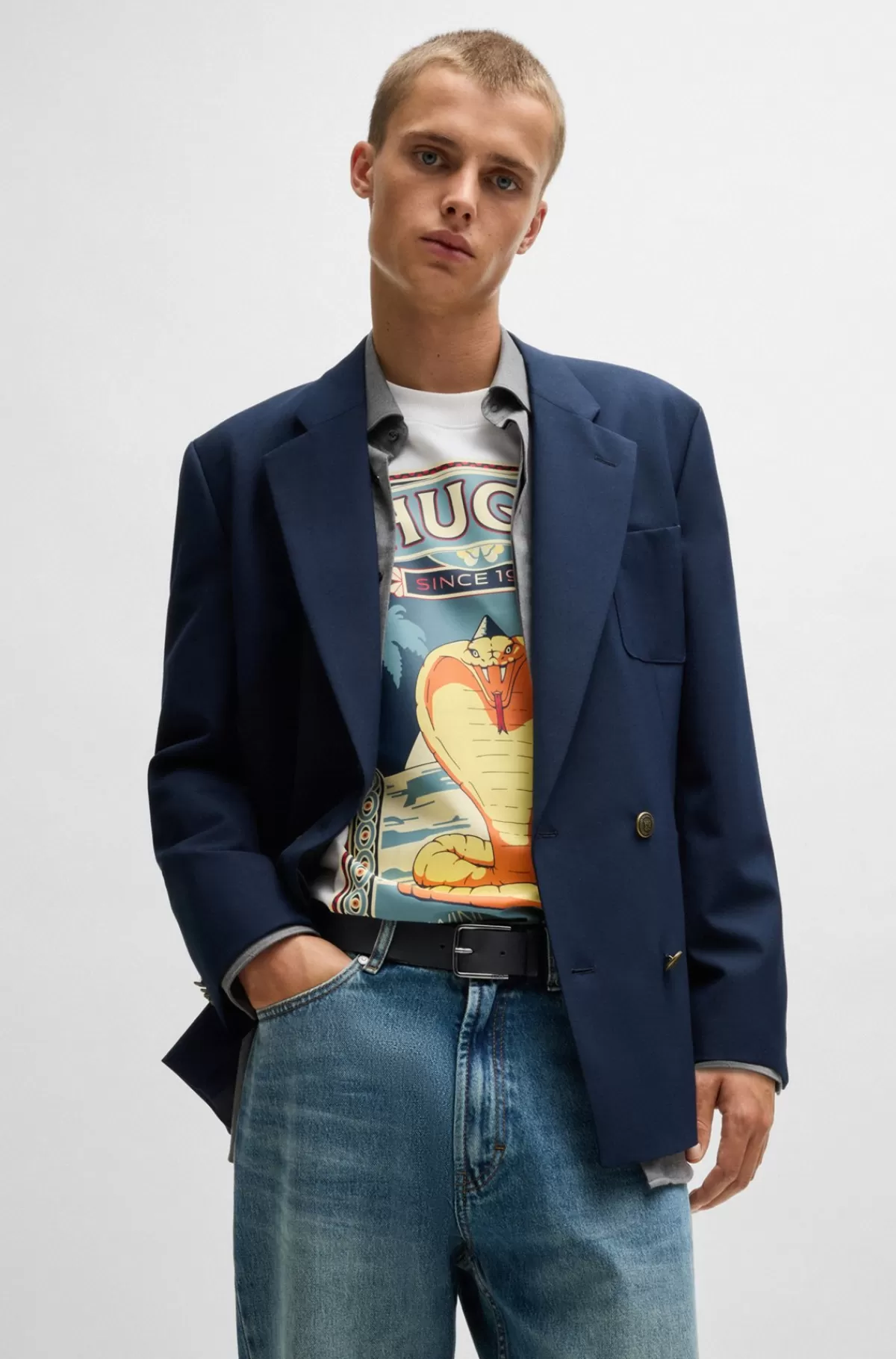 HUGO BOSS Bælte I Kornet Læder Med Logospænde Mørkeblå Shop