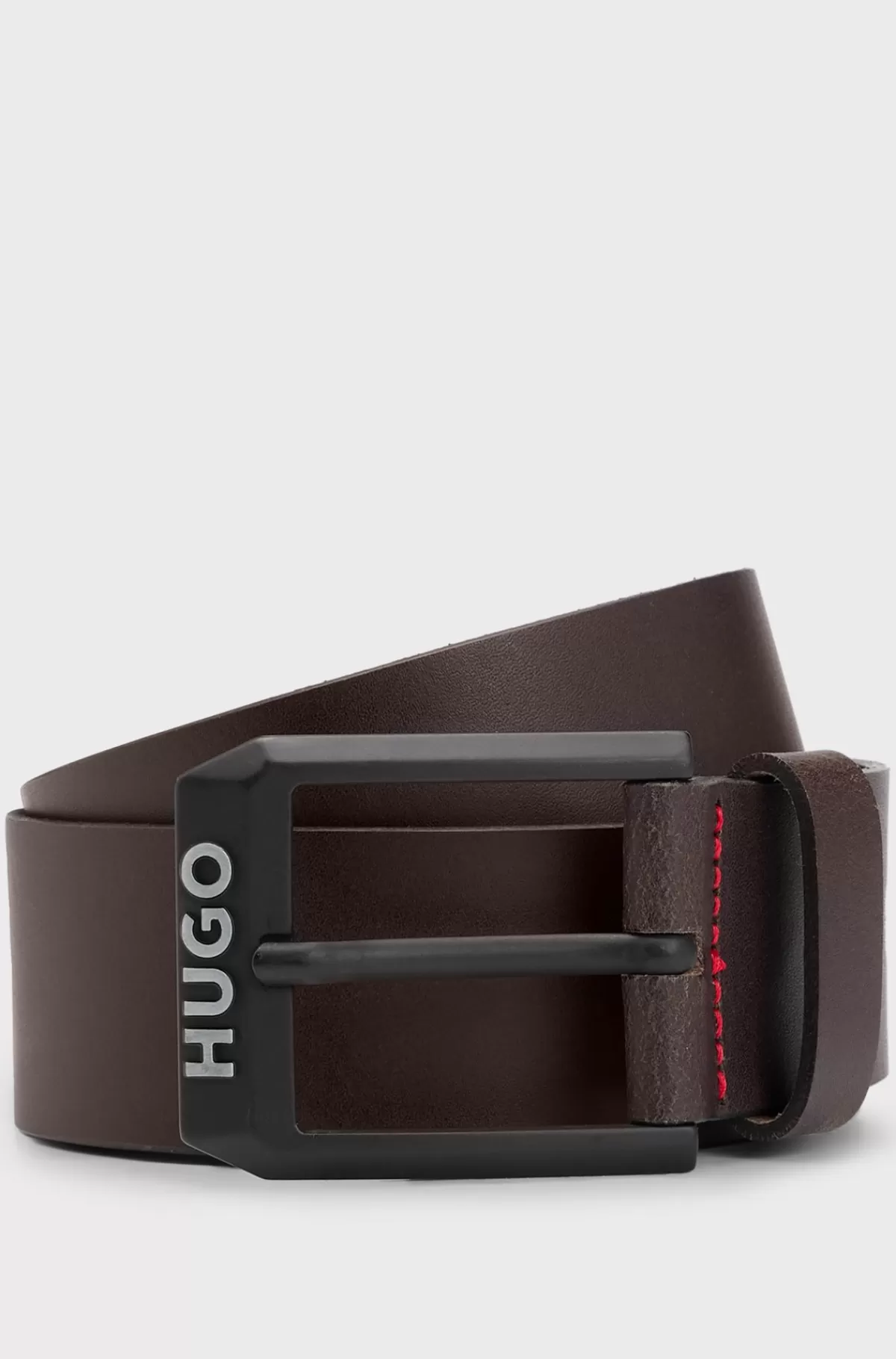 HUGO BOSS Bælte I Læder Med Mat, Sort Logokantet Spænde Mørkebrun Flash Sale