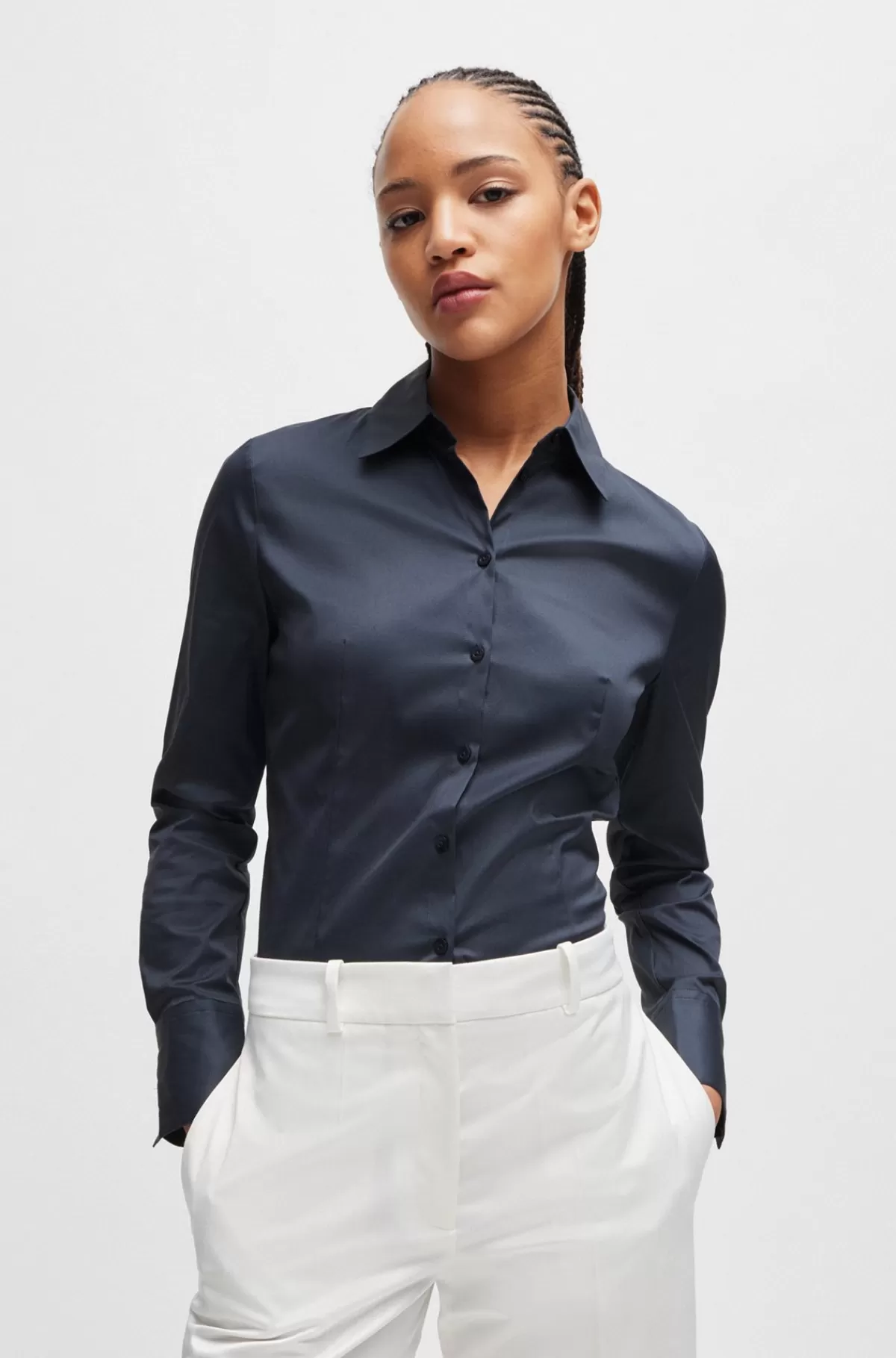 HUGO BOSS Bluse I Figursyet Pasform I Poplin, Der Er Nemt At Stryge Mørkeblå Hot