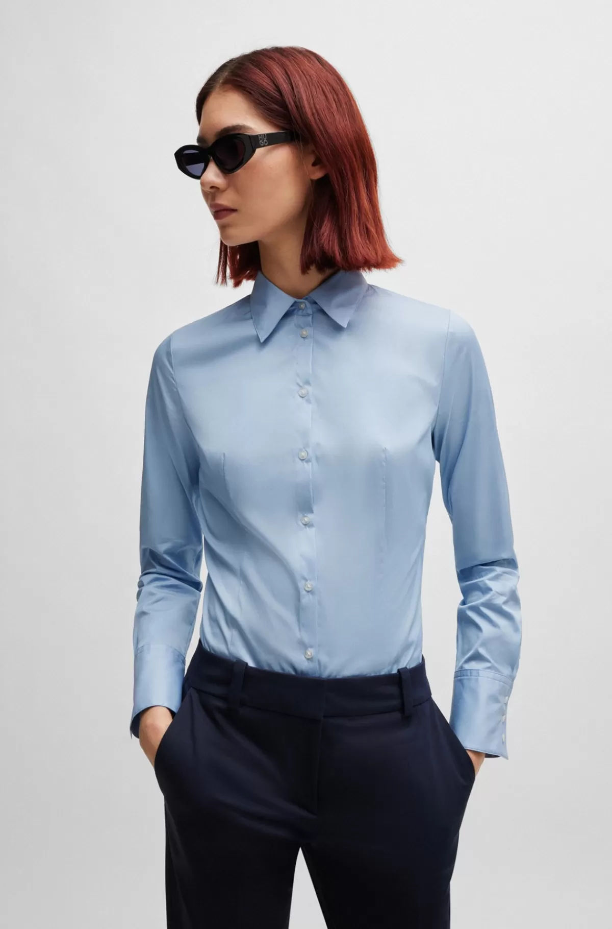 HUGO BOSS Bluse I Figursyet Pasform I Poplin, Der Er Nemt At Stryge Lyseblå Store