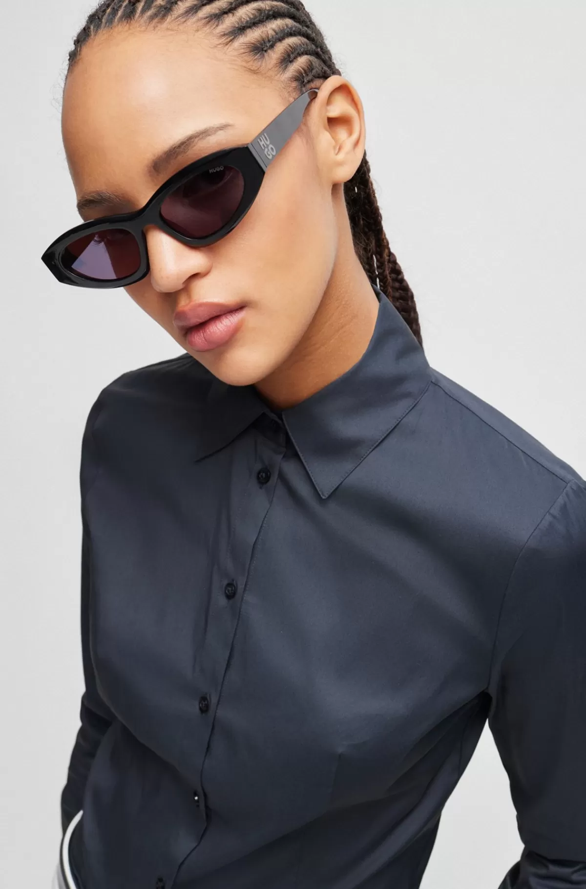 HUGO BOSS Bluse I Figursyet Pasform I Poplin, Der Er Nemt At Stryge Mørkeblå Hot