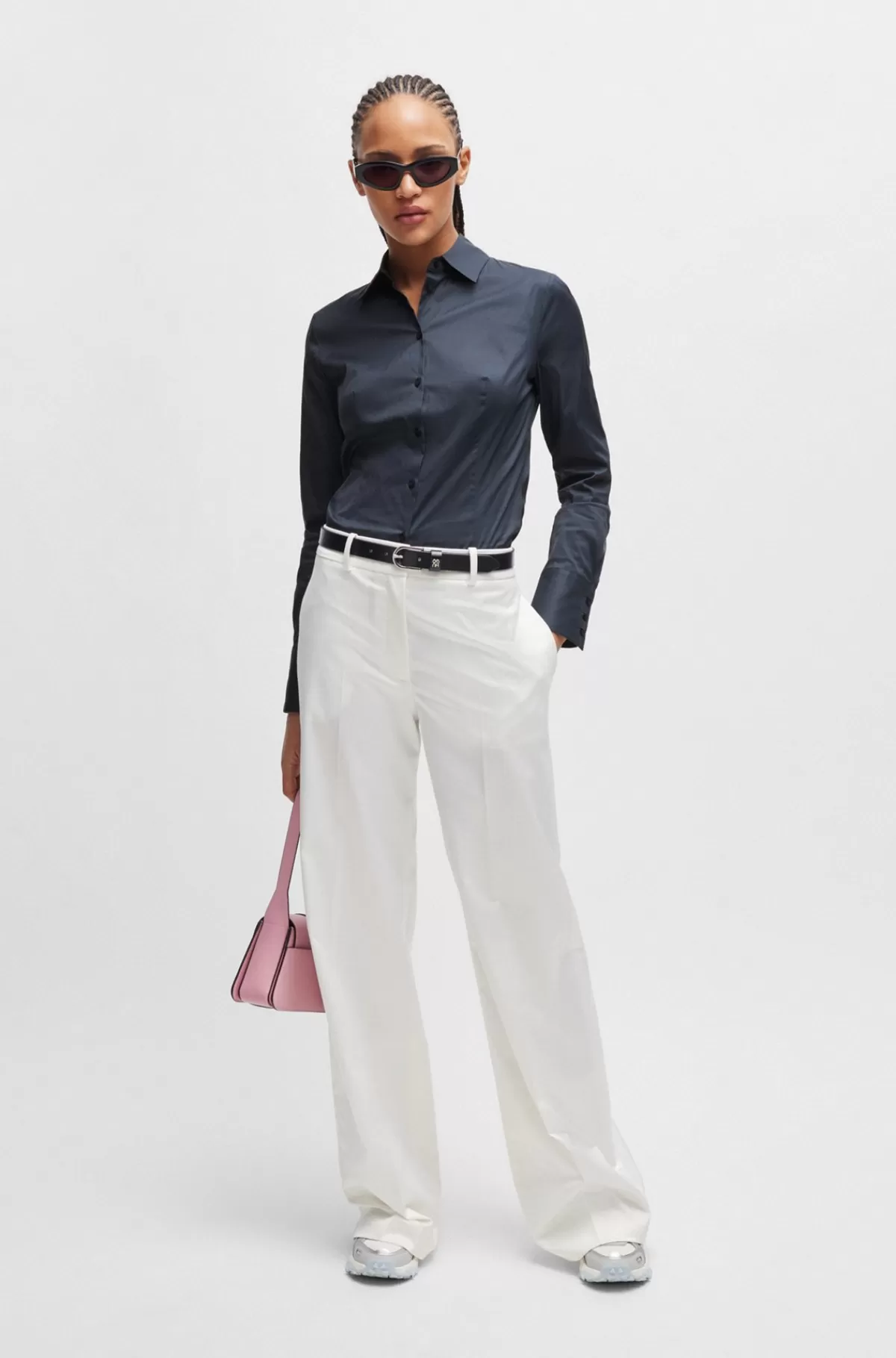 HUGO BOSS Bluse I Figursyet Pasform I Poplin, Der Er Nemt At Stryge Mørkeblå Hot