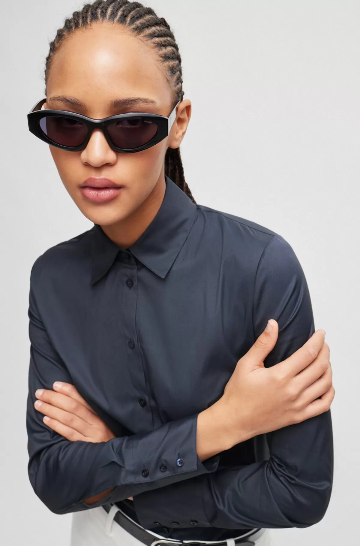 HUGO BOSS Bluse I Figursyet Pasform I Poplin, Der Er Nemt At Stryge Mørkeblå Hot