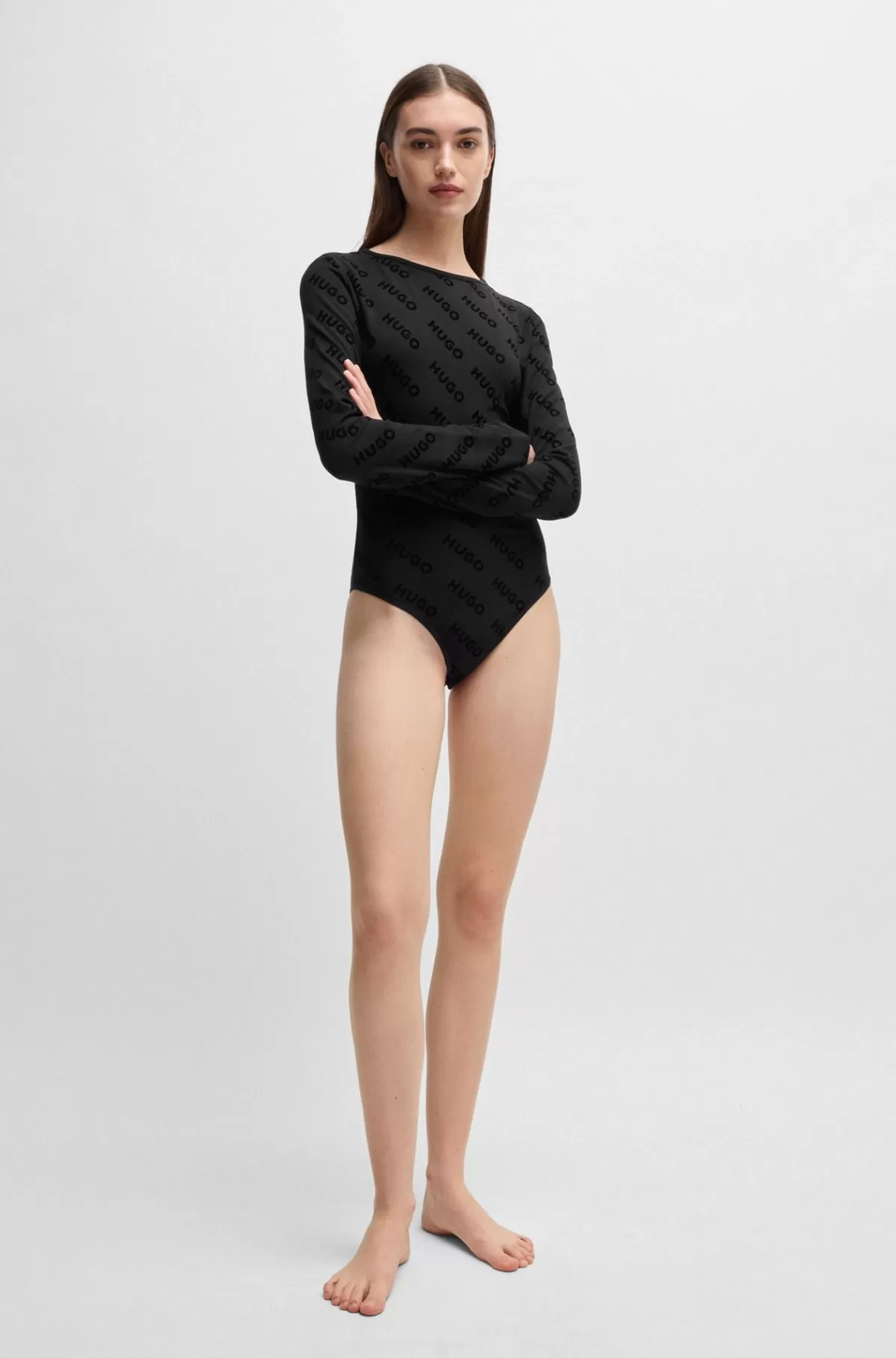 HUGO BOSS Bodysuit I Jersey Med Stræk Og Logo Med Velouragtig Overflade Sort Store