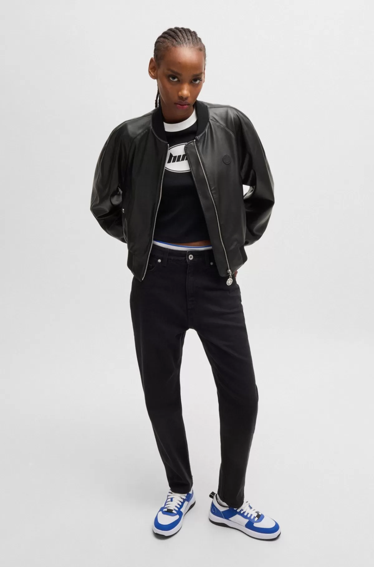 HUGO BOSS Bomberjakke I Imiteret Læder Med Happy HUGO Logodetaljer Sort Flash Sale