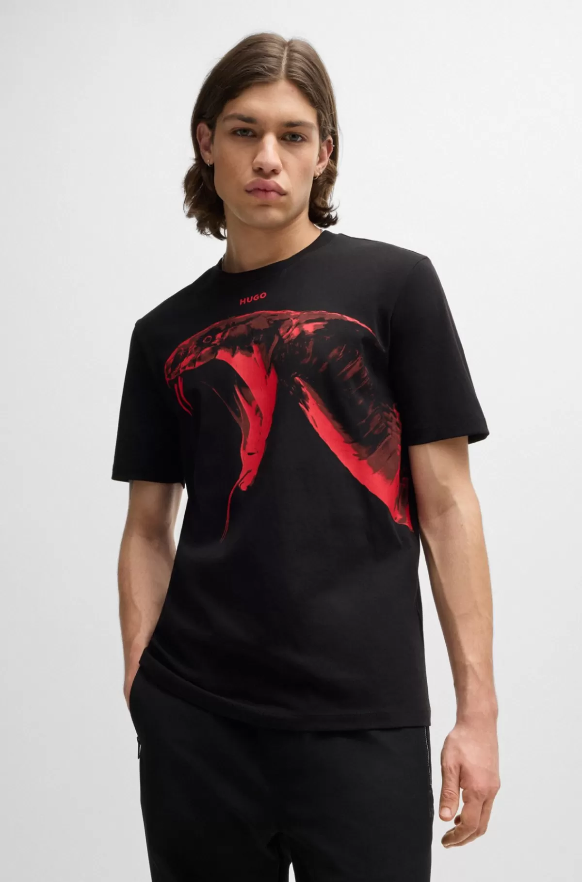 HUGO BOSS Bomuldsjersey T-shirt I Almindelig Pasform Med Dyregrafik Sort New