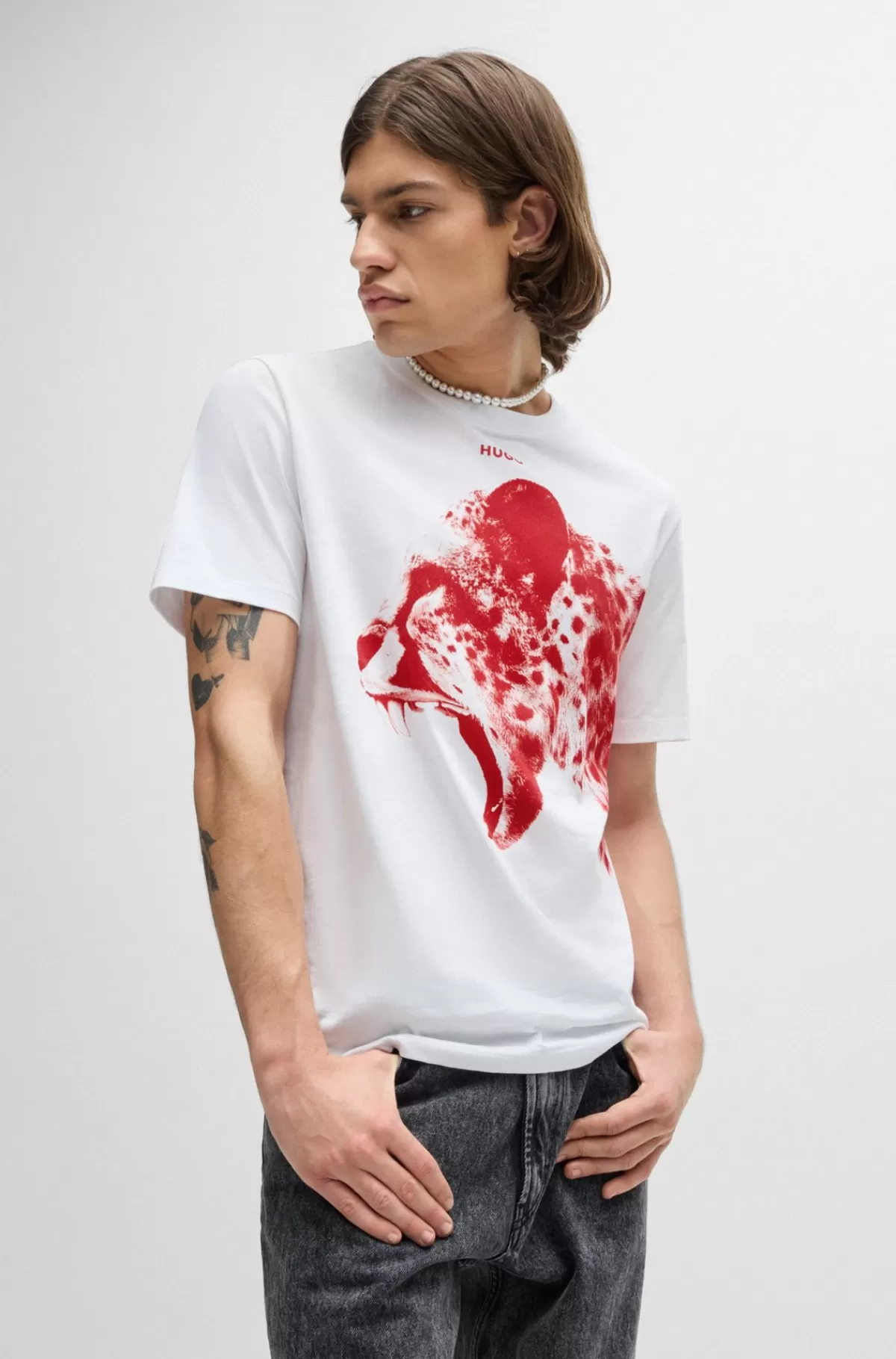 HUGO BOSS Bomuldsjersey T-shirt I Almindelig Pasform Med Dyregrafik Hvid Clearance