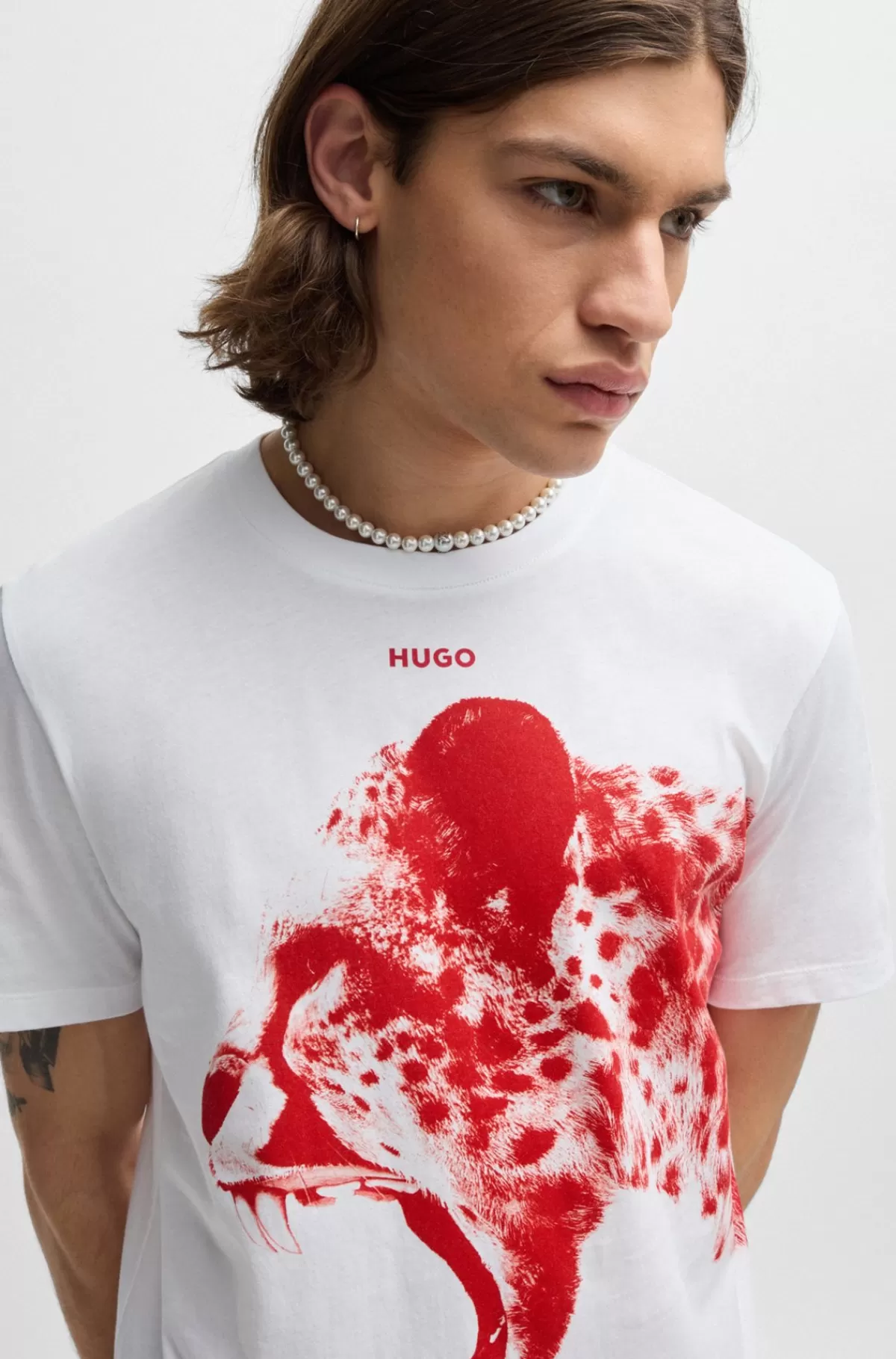 HUGO BOSS Bomuldsjersey T-shirt I Almindelig Pasform Med Dyregrafik Hvid Clearance