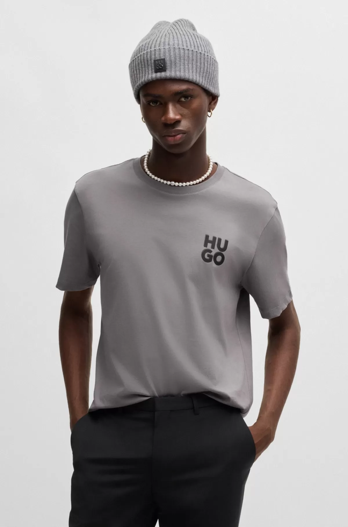 HUGO BOSS Bomuldsjersey-T-shirt Med Stablet Logoprint Grå New