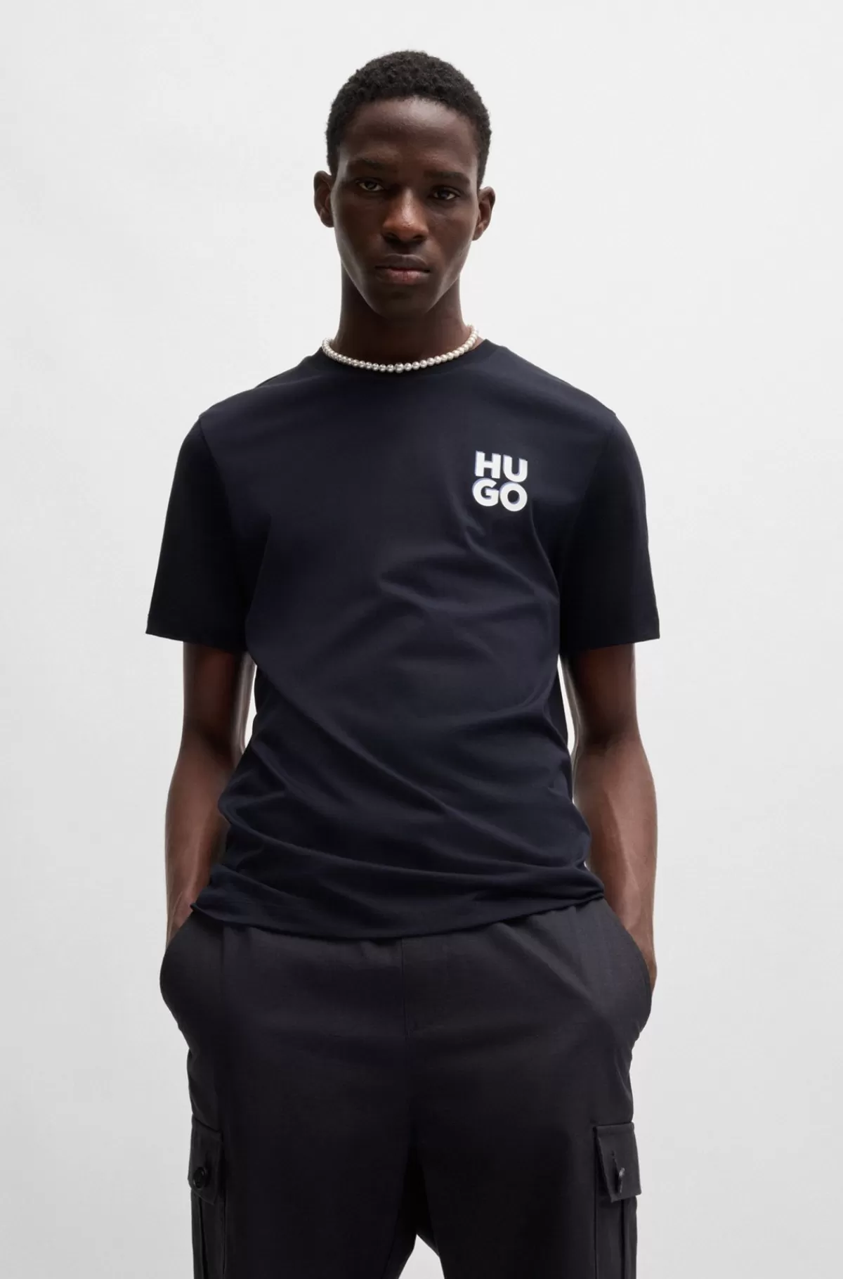 HUGO BOSS Bomuldsjersey-T-shirt Med Stablet Logoprint Mørkeblå Store
