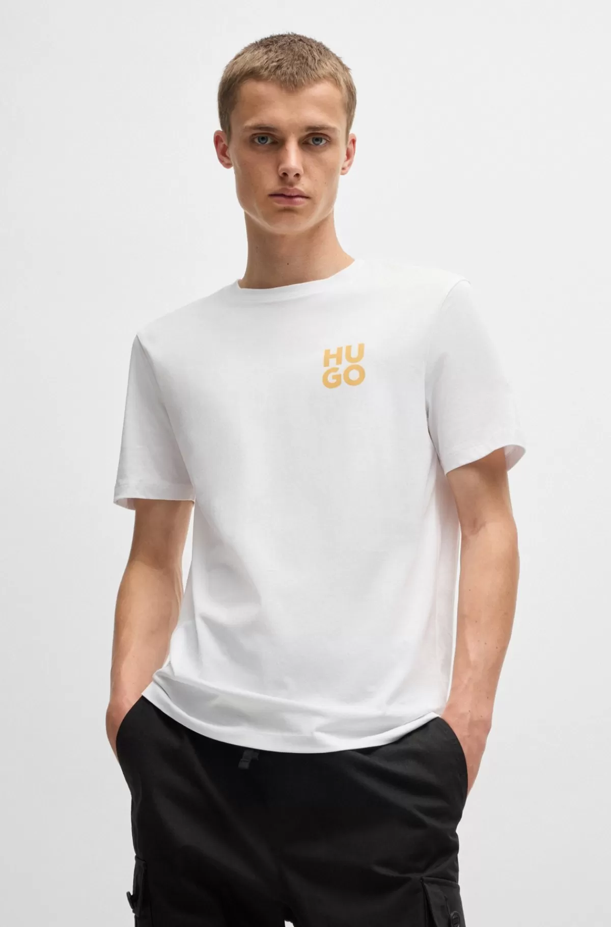 HUGO BOSS Bomuldsjersey-T-shirt Med Stablet Logoprint Hvid Flash Sale