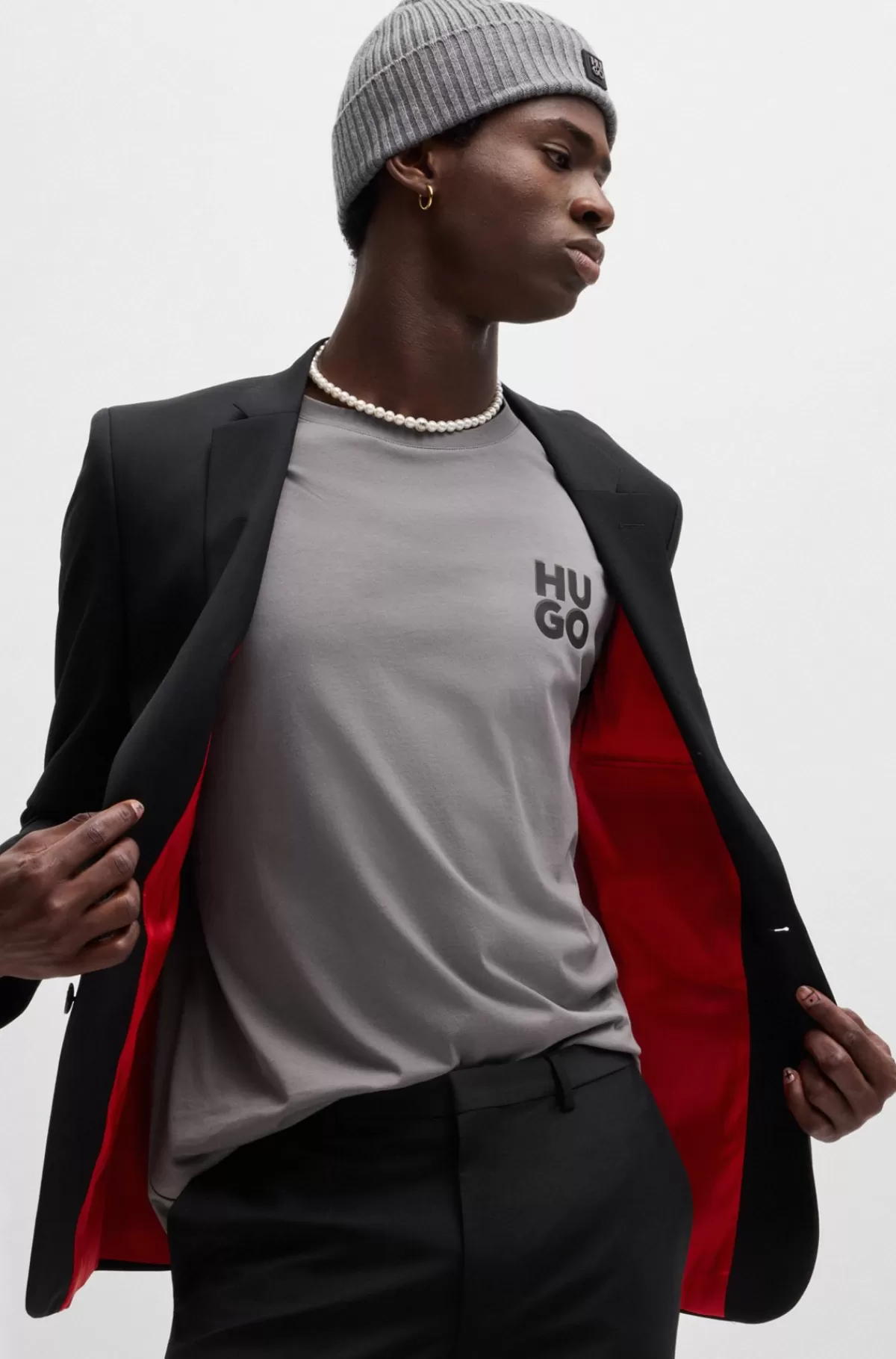 HUGO BOSS Bomuldsjersey-T-shirt Med Stablet Logoprint Grå New