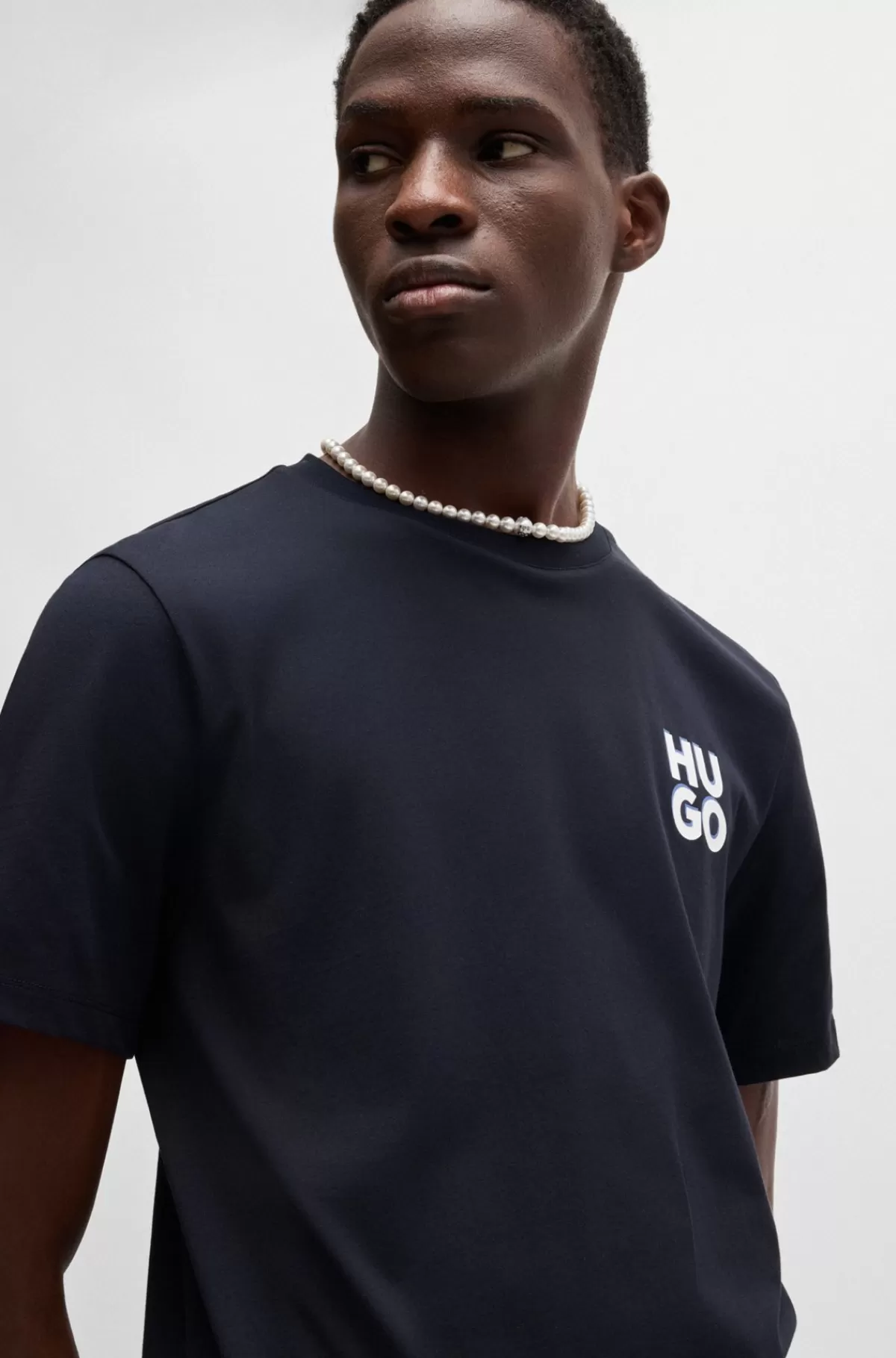 HUGO BOSS Bomuldsjersey-T-shirt Med Stablet Logoprint Mørkeblå Store