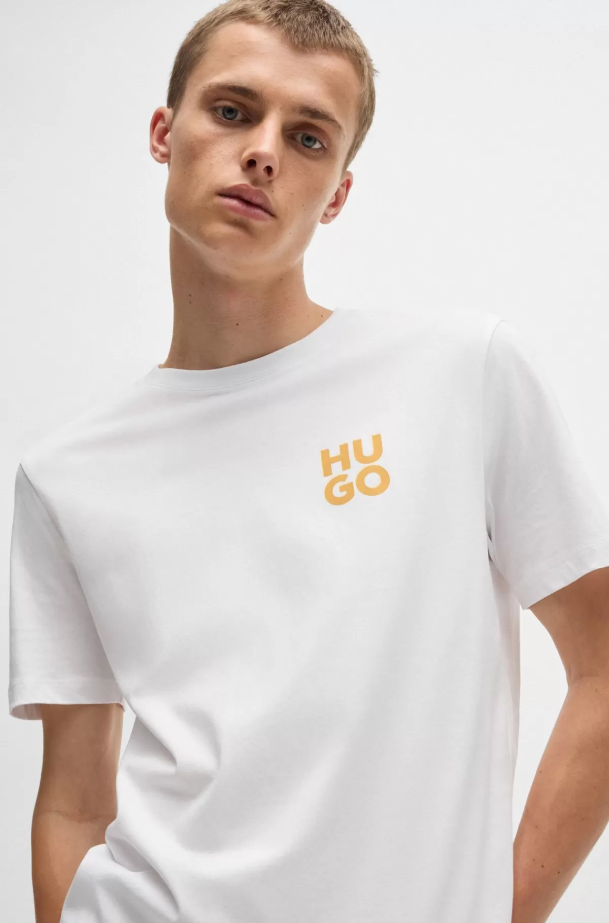 HUGO BOSS Bomuldsjersey-T-shirt Med Stablet Logoprint Hvid Flash Sale