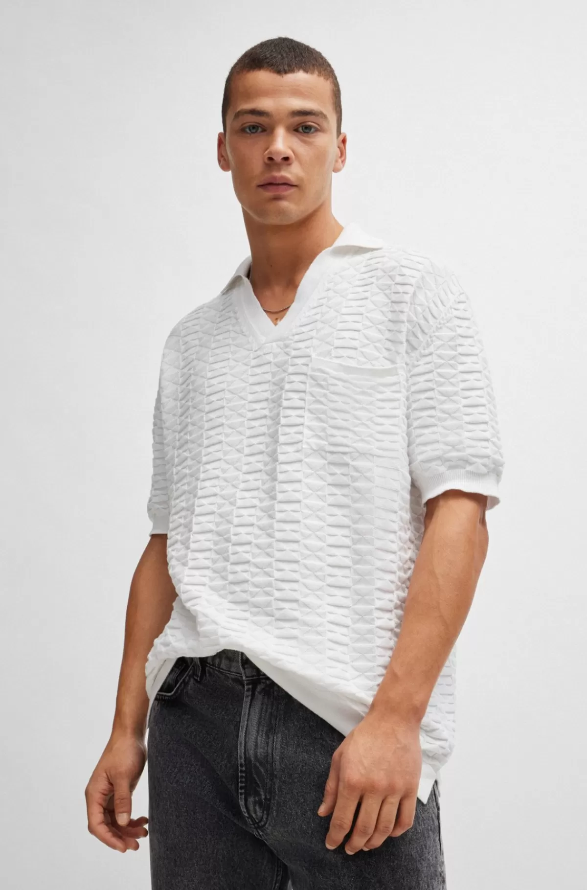 HUGO BOSS Bomuldssweater I Strikket Jacquard Med Johnnykrave Hvid Best