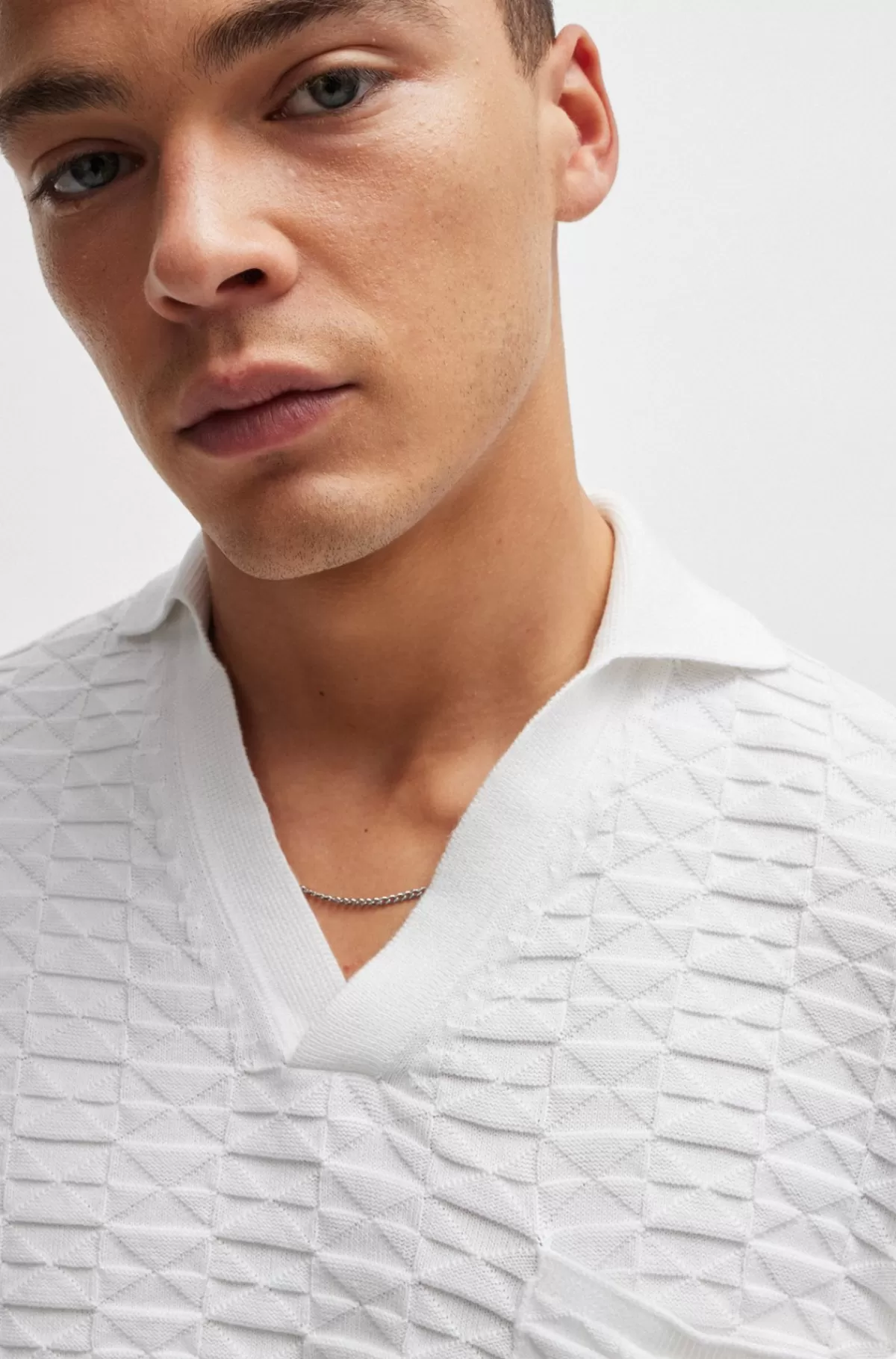 HUGO BOSS Bomuldssweater I Strikket Jacquard Med Johnnykrave Hvid Best