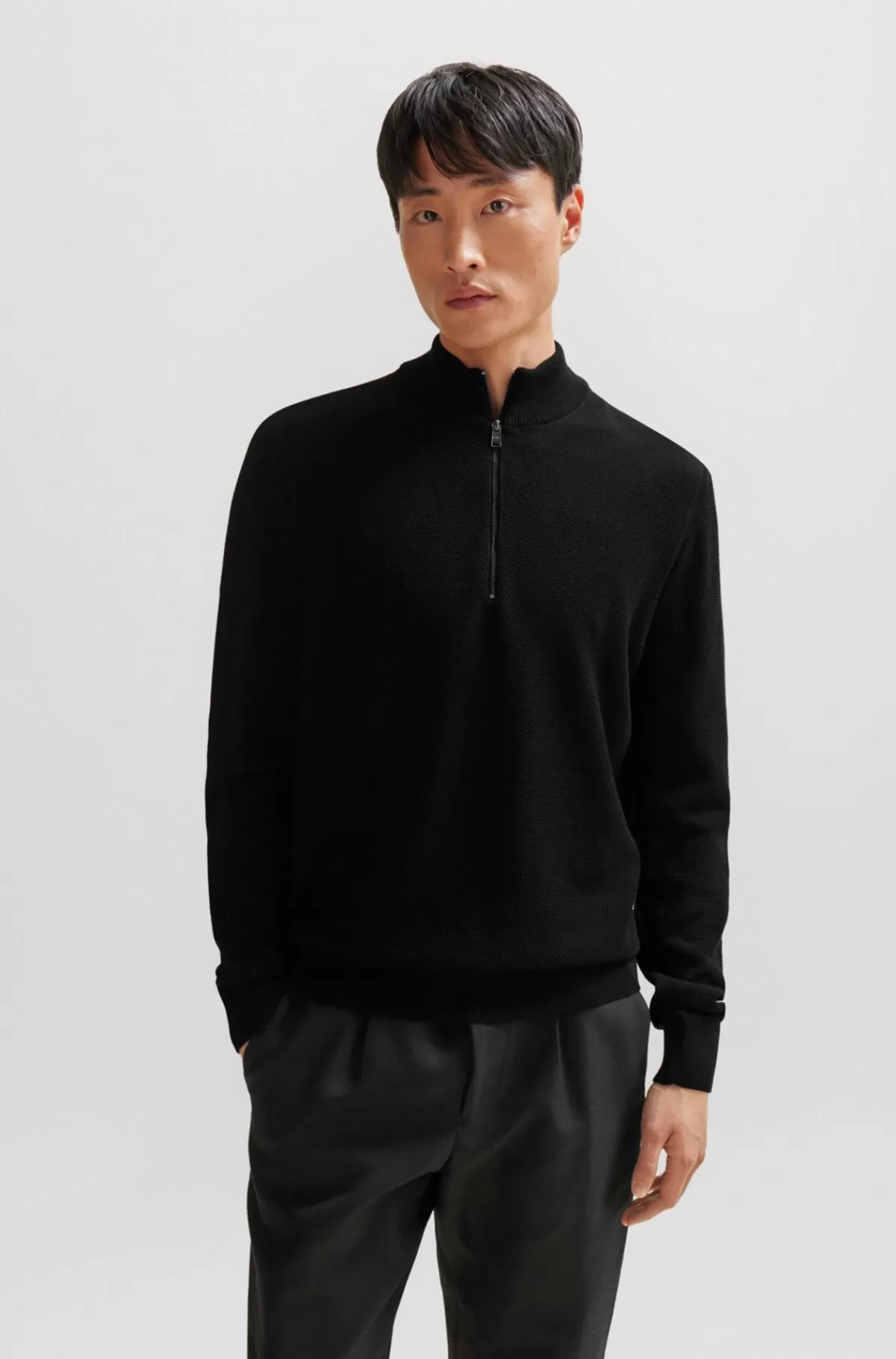 HUGO BOSS Bomuldssweater Med Strikket Struktur Og Lynlås I Halsen Sort Clearance