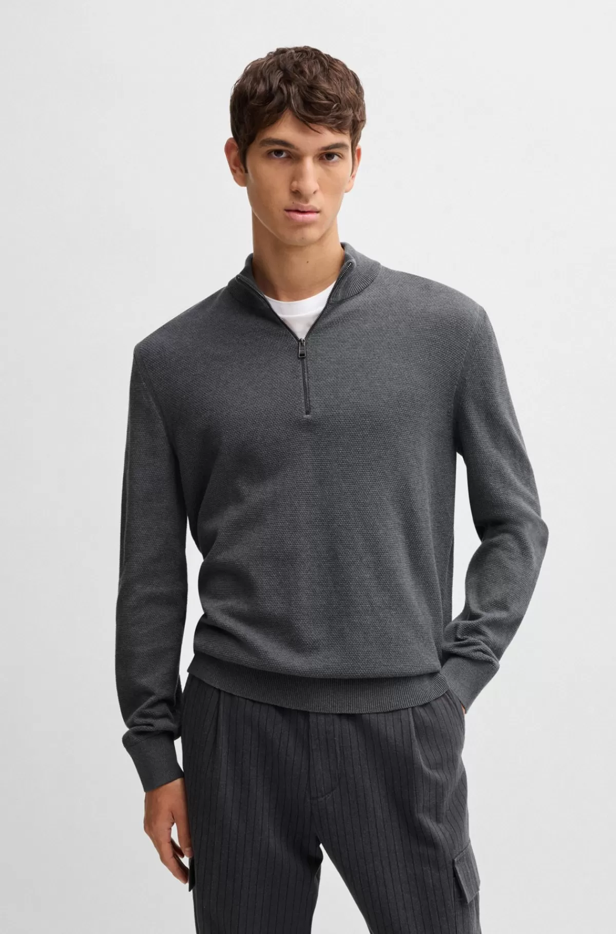 HUGO BOSS Bomuldssweater Med Strikket Struktur Og Lynlås I Halsen Grå Cheap