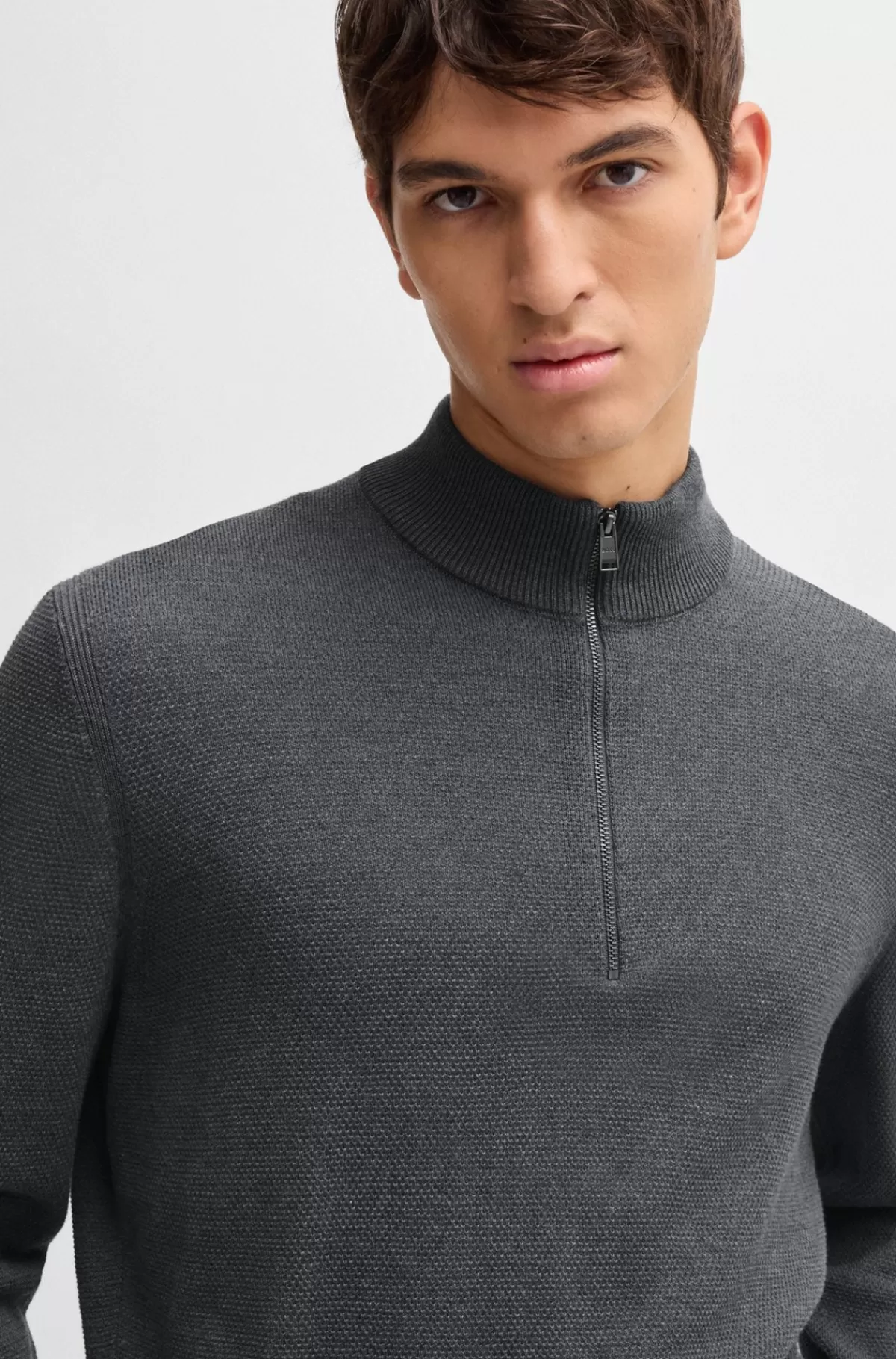HUGO BOSS Bomuldssweater Med Strikket Struktur Og Lynlås I Halsen Grå Cheap