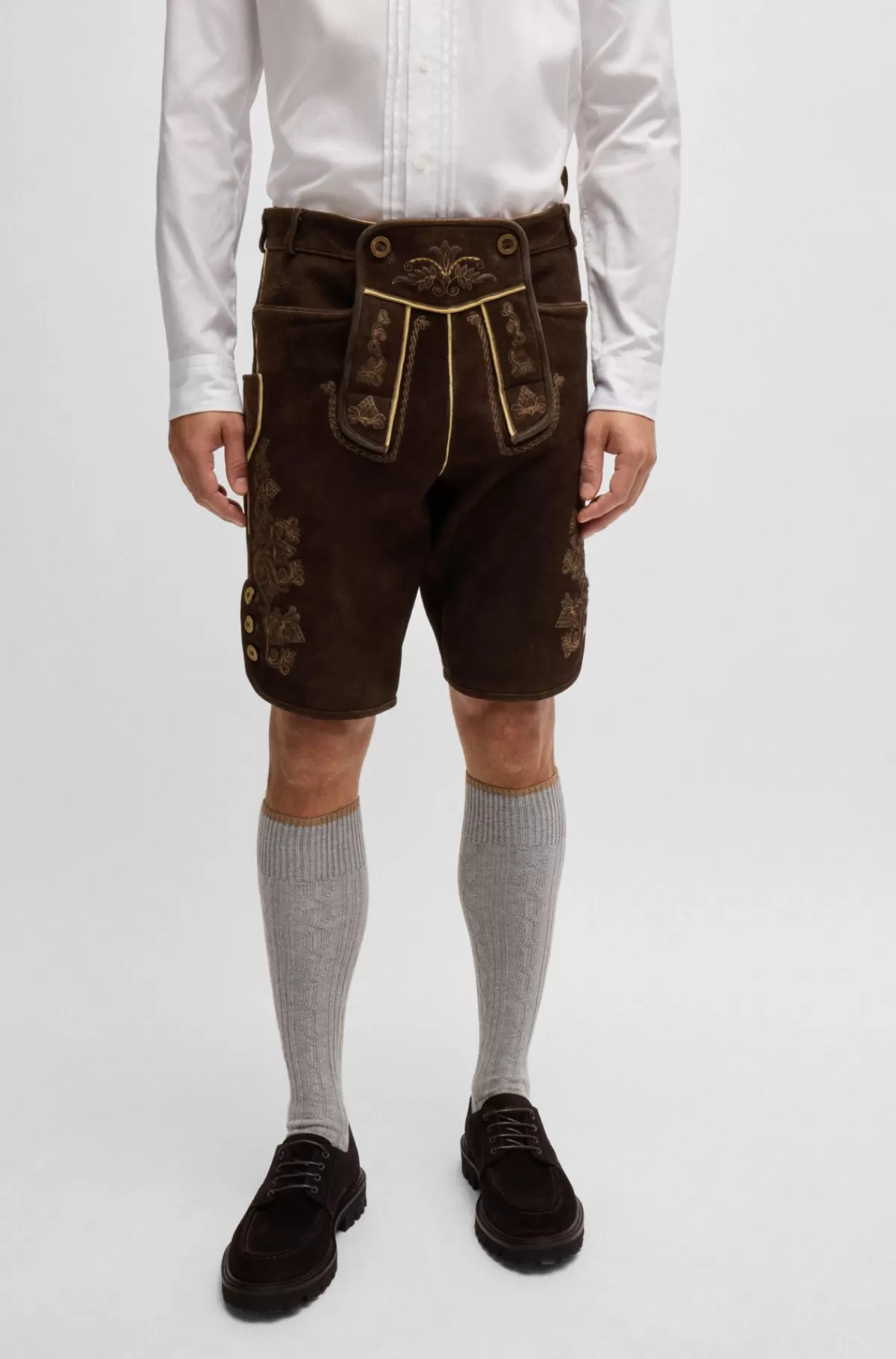 HUGO BOSS BOSS Menswear Trachten-lederhosen Fra BOSS Menswear I Ruskind Med Broderi Mørkebrun Clearance