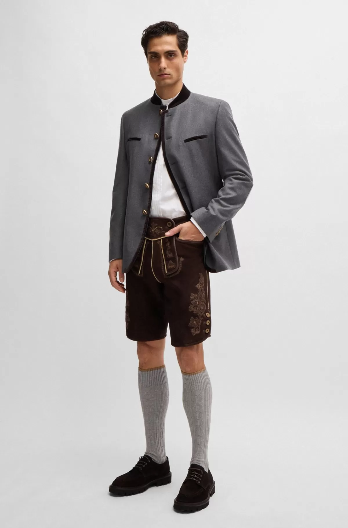 HUGO BOSS BOSS Menswear Trachten-lederhosen Fra BOSS Menswear I Ruskind Med Broderi Mørkebrun Clearance