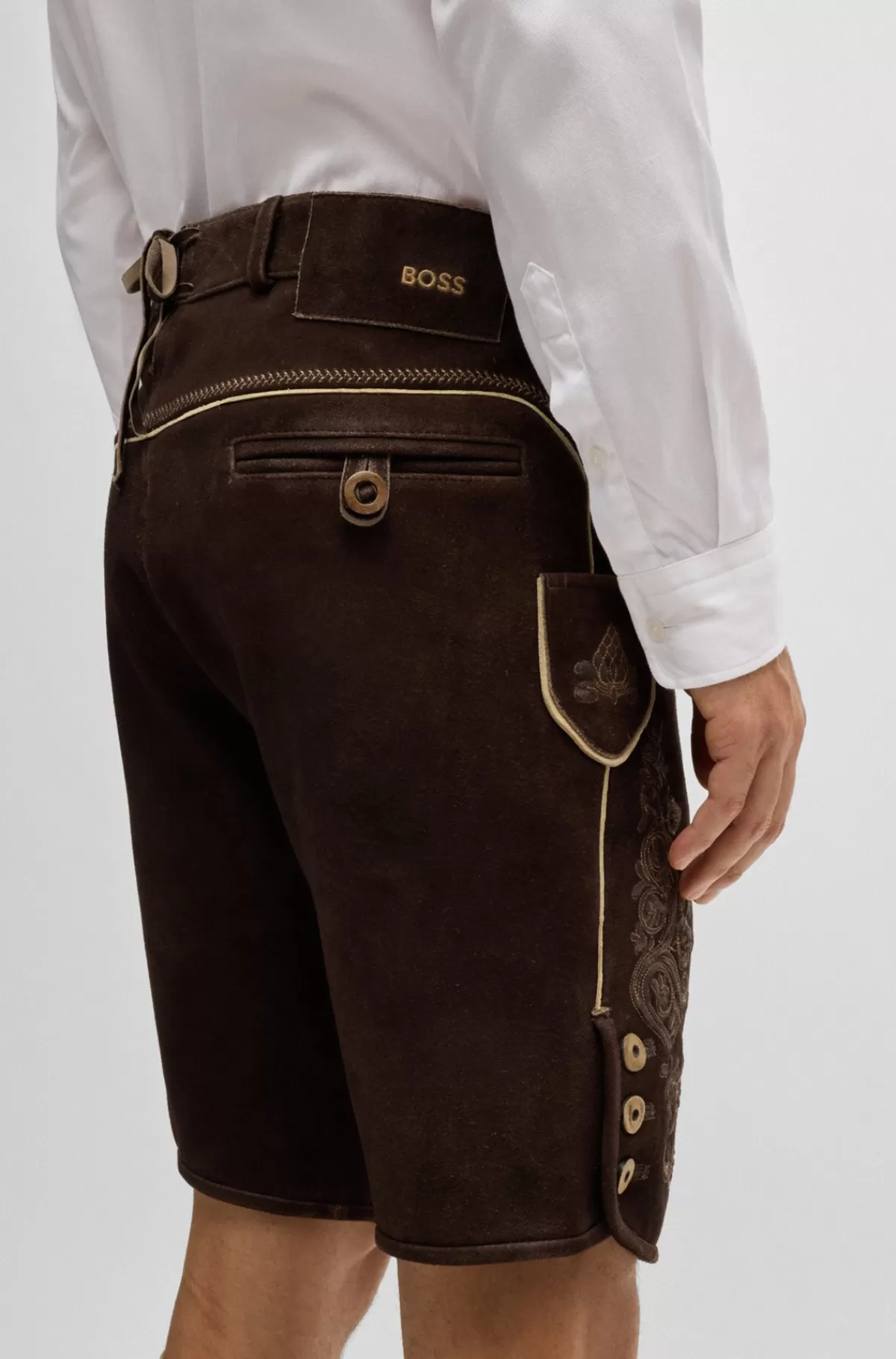 HUGO BOSS BOSS Menswear Trachten-lederhosen Fra BOSS Menswear I Ruskind Med Broderi Mørkebrun Clearance