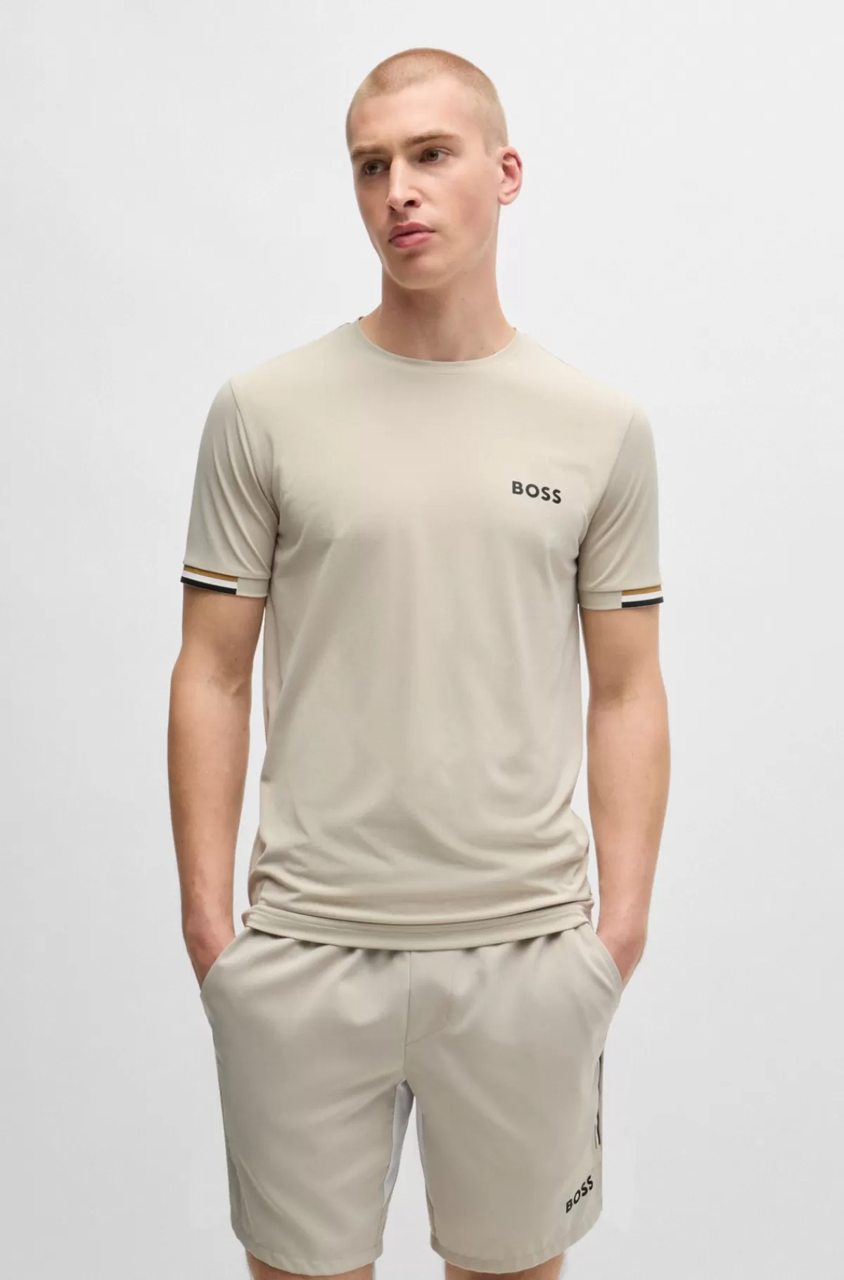 HUGO BOSS BOSS X Matteo Berrettini T-shirt I Vaffelvævet Stof Med Signaturstribet Grafik Lys beige Clearance