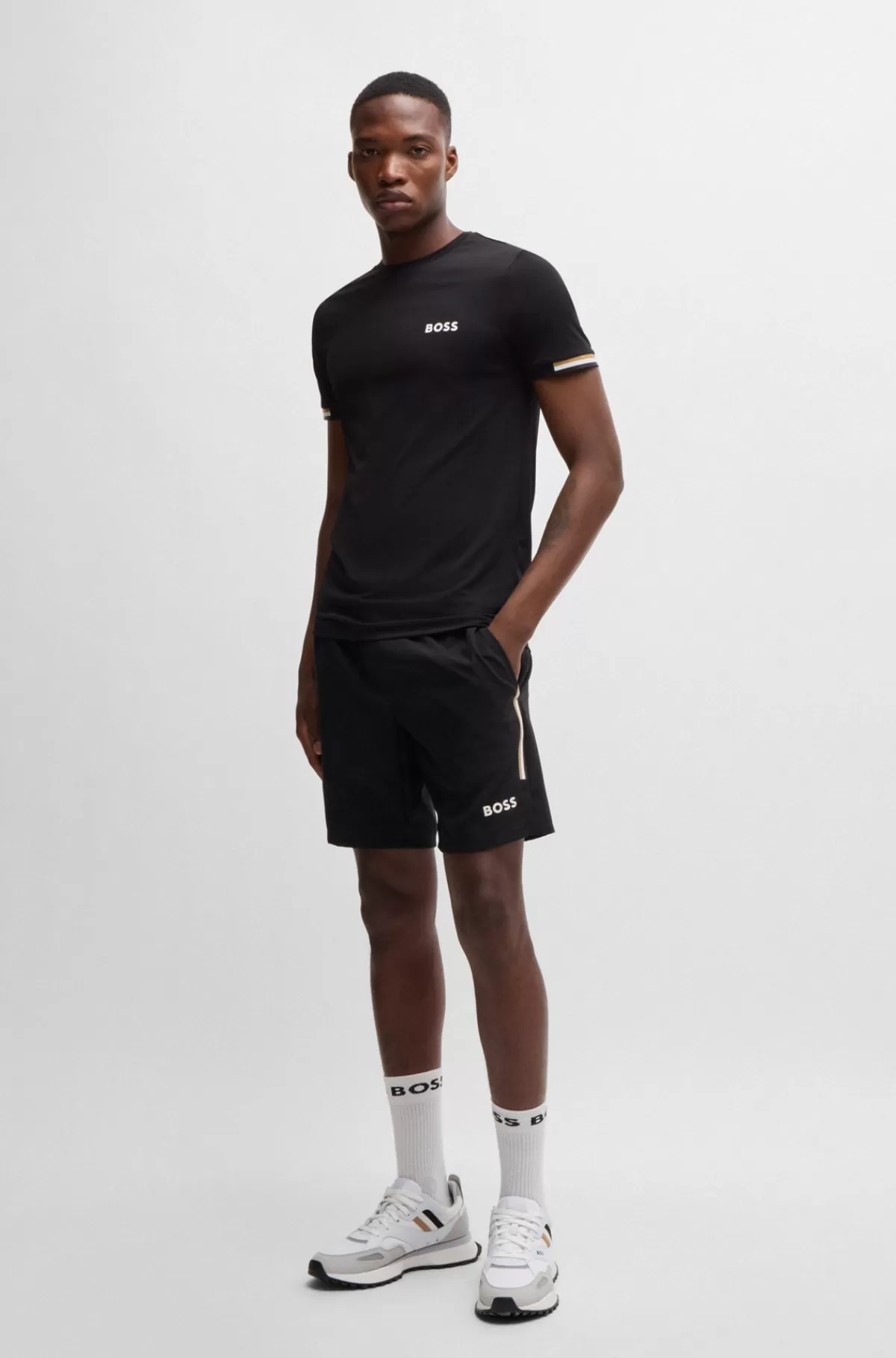 HUGO BOSS BOSS X Matteo Berrettini T-shirt I Vaffelvævet Stof Med Signaturstribet Grafik Sort Cheap