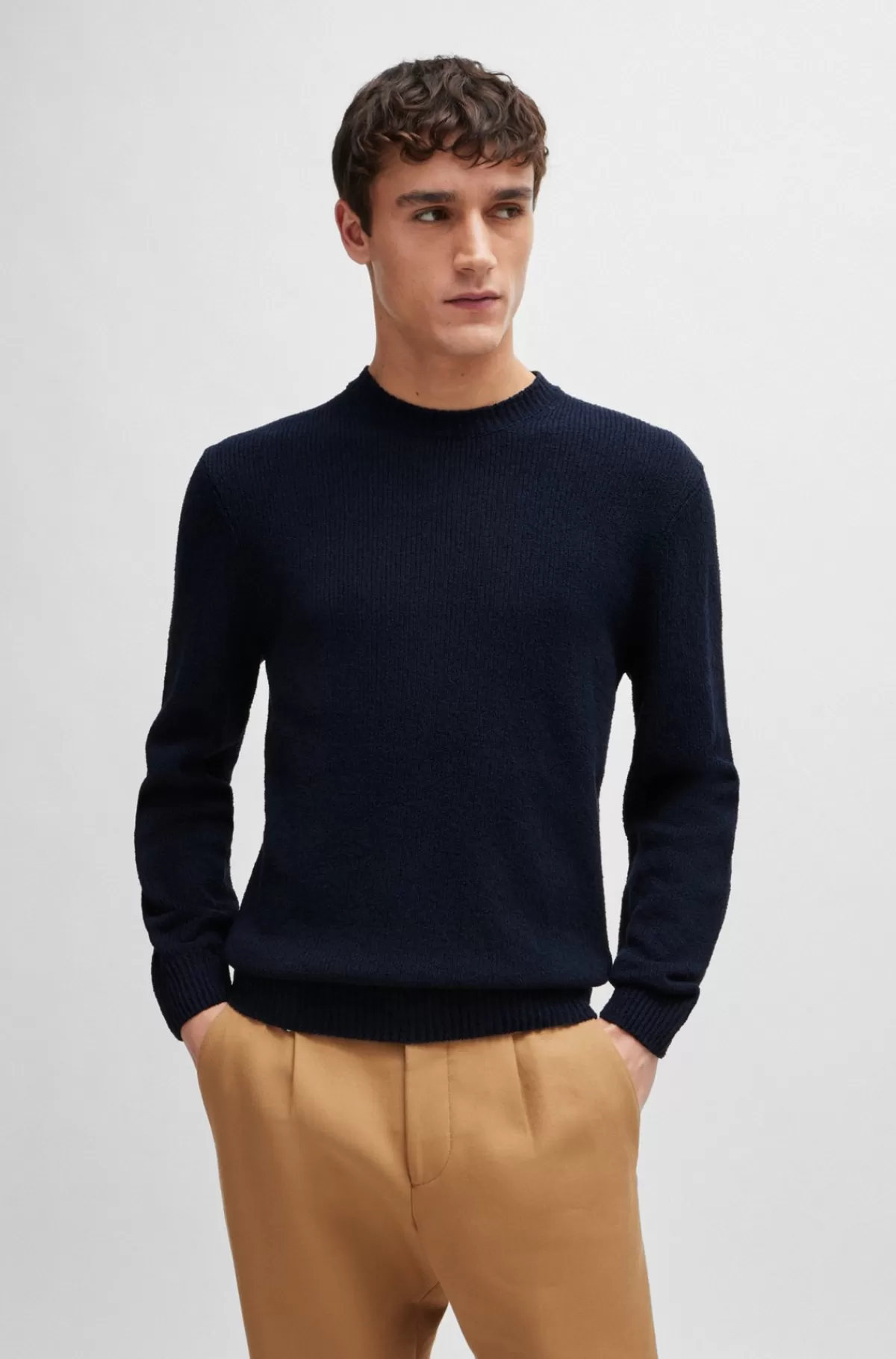 HUGO BOSS Bouclé-strikket Sweater I Bomuldsblanding Mørkeblå Best Sale