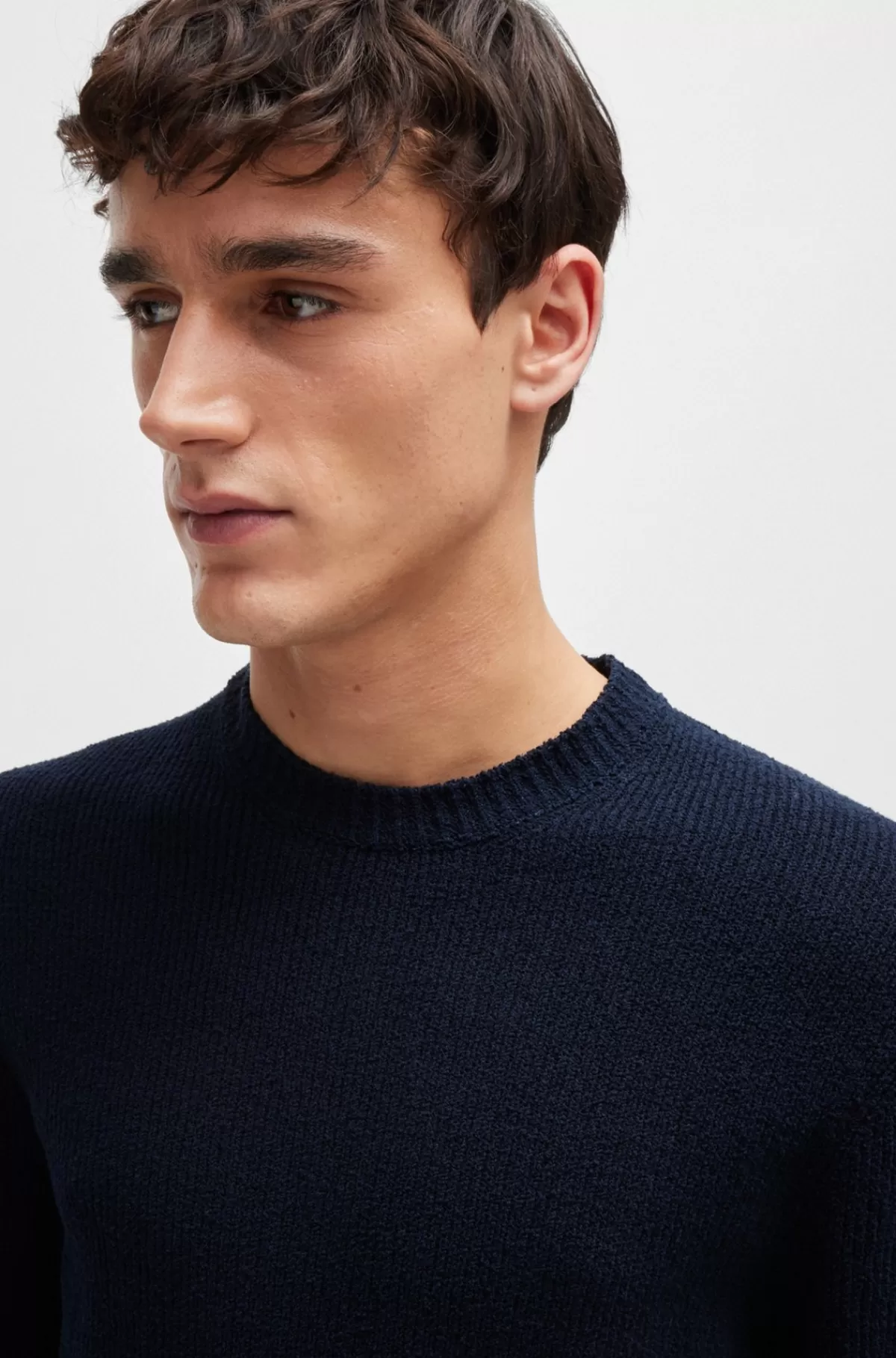 HUGO BOSS Bouclé-strikket Sweater I Bomuldsblanding Mørkeblå Best Sale