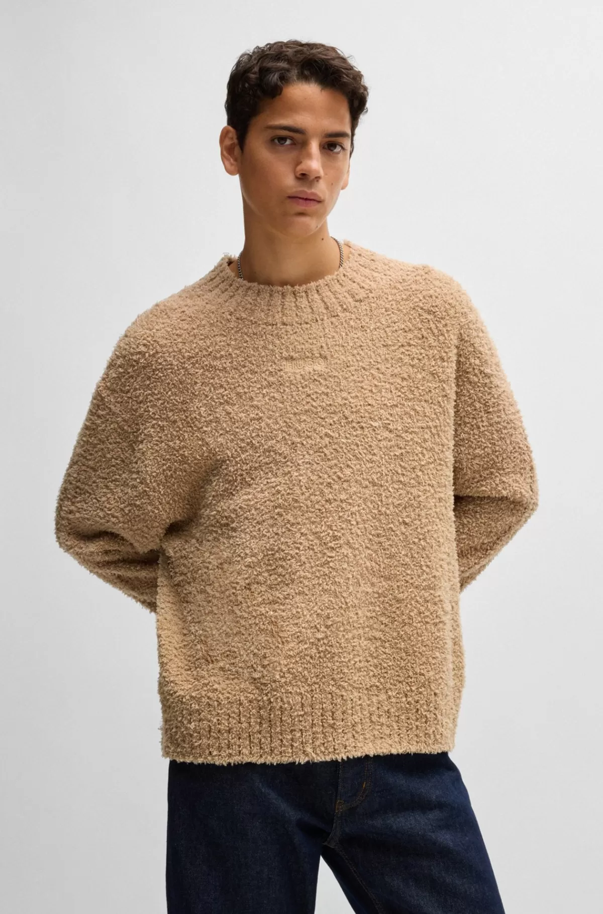 HUGO BOSS Boucléstrikket Sweater Med Broderet Logo Beige Best