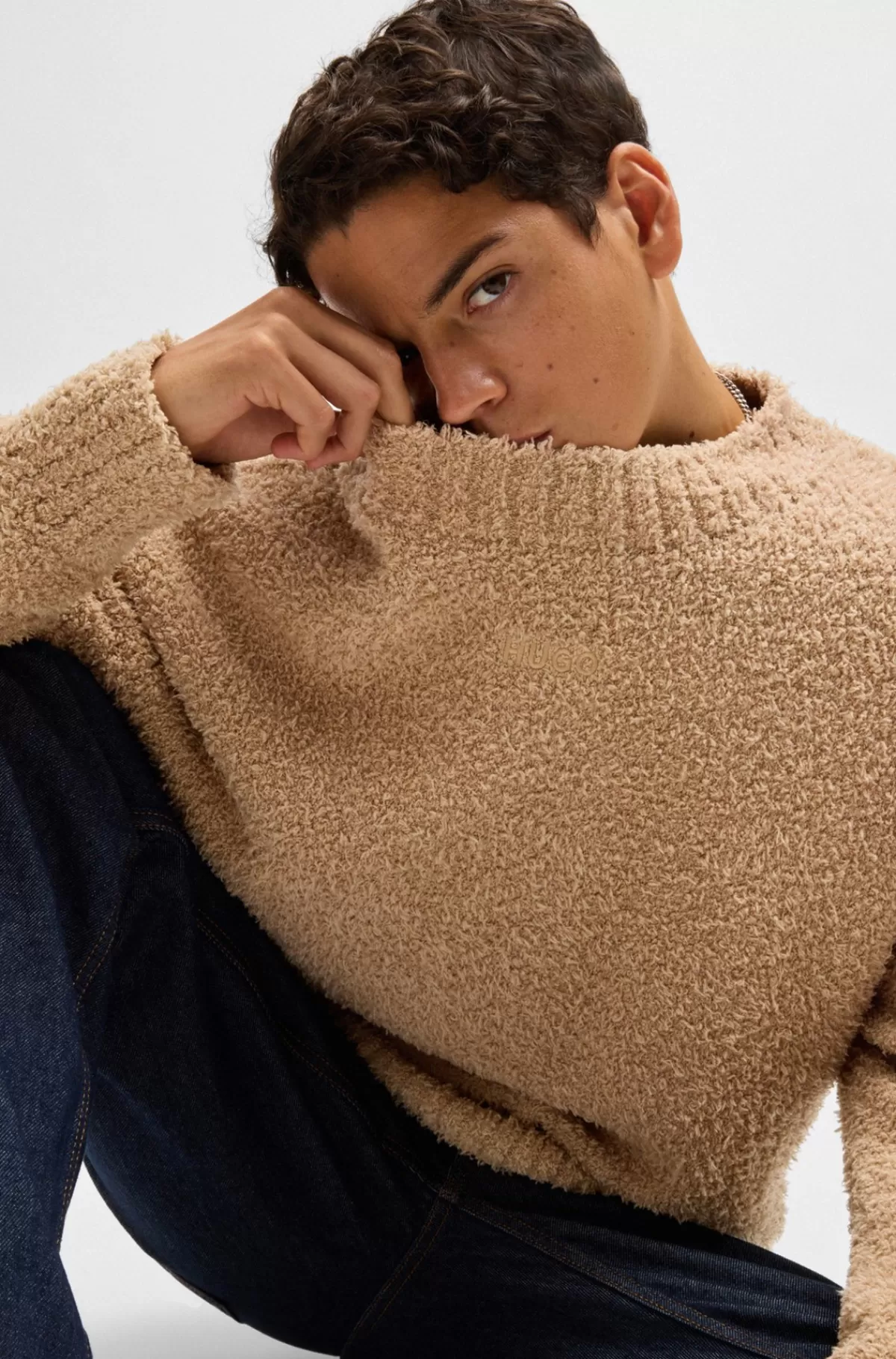 HUGO BOSS Boucléstrikket Sweater Med Broderet Logo Beige Best