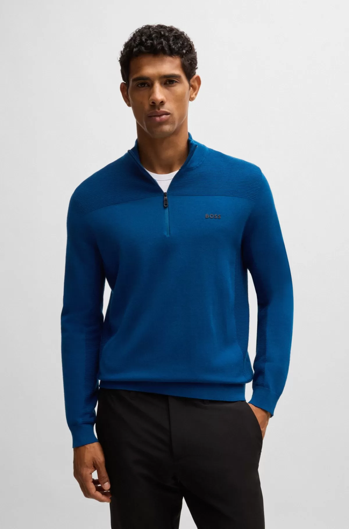 HUGO BOSS Brandet Sweater Med Lynlås I Halsen I Dry-flexstof Mørkeblå Best Sale